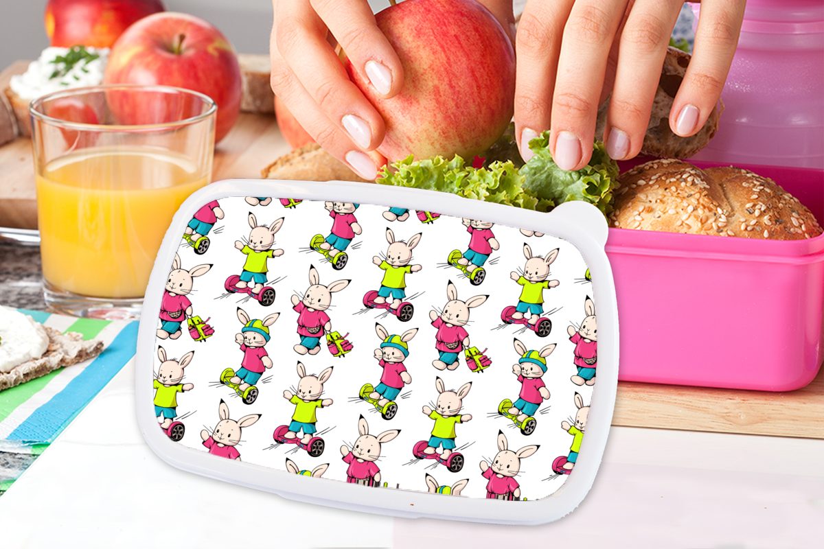 Lunchbox Mädchen, Tiere rosa Kinder, Muster, - Kinder MuchoWow (2-tlg), Brotbox - Brotdose Kaninchen für Kunststoff Erwachsene, Schule Kunststoff, - Snackbox, -