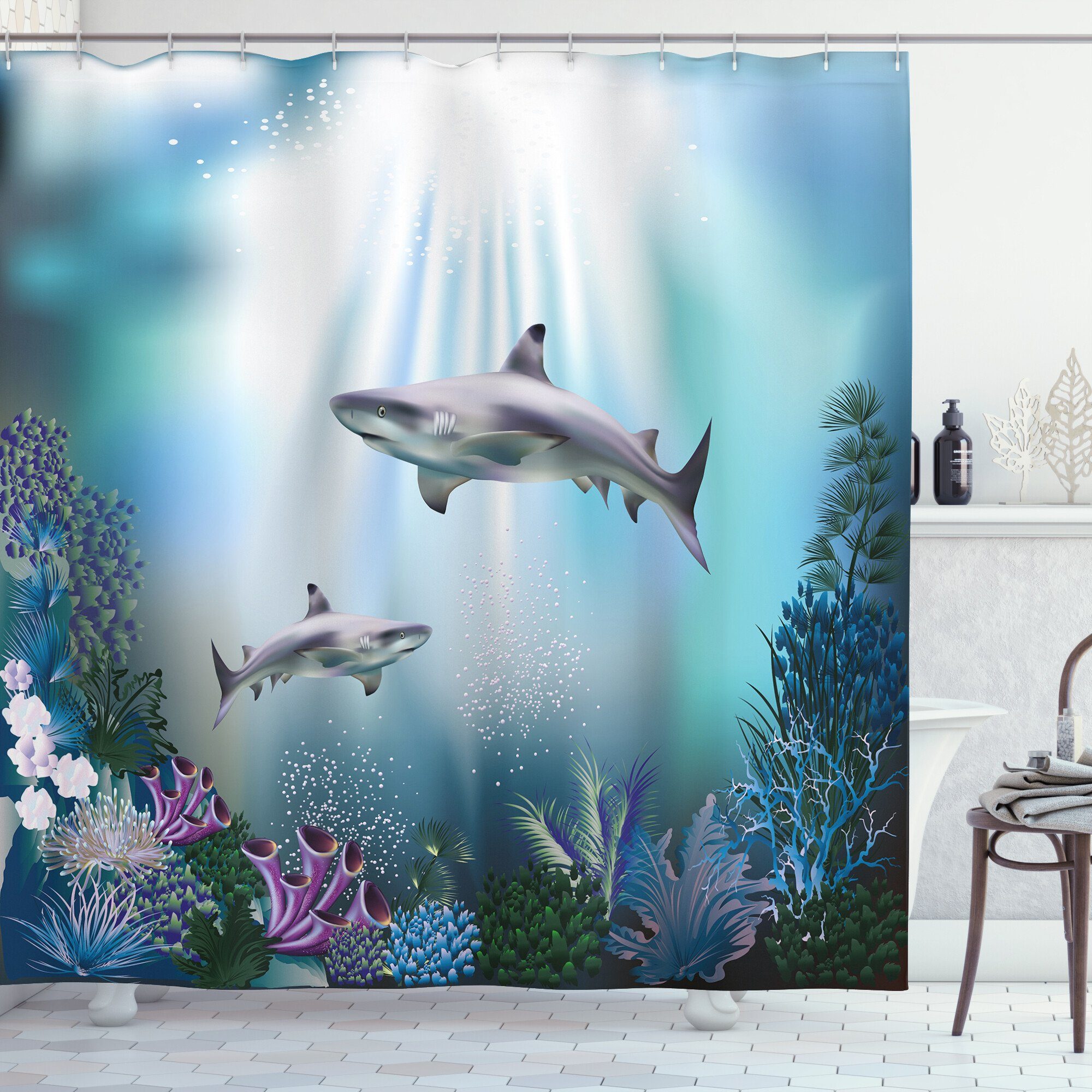 Abakuhaus Duschvorhang Moderner Digitaldruck mit 12 Haken auf Stoff Wasser  Resistent Breite 175 cm, Höhe 180 cm, Unterwasser- Sharks Coral Aquatic