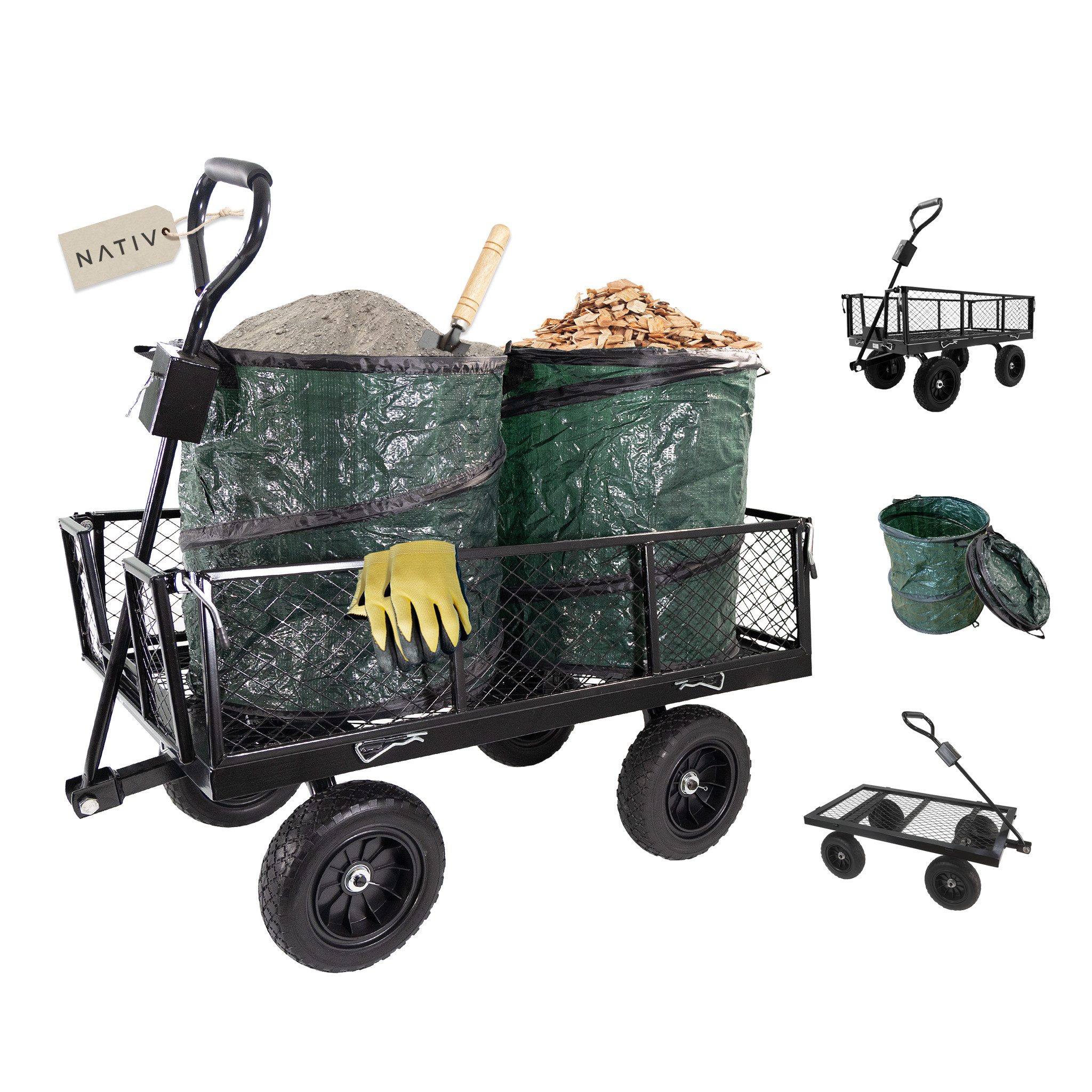 Lemodo Transportwagen Gartenwagen Metall mit 2 Laubsäcken, 300 kg belastbar, Gartenarbeit, bis 300 kg Tragkraft, Gummiräder