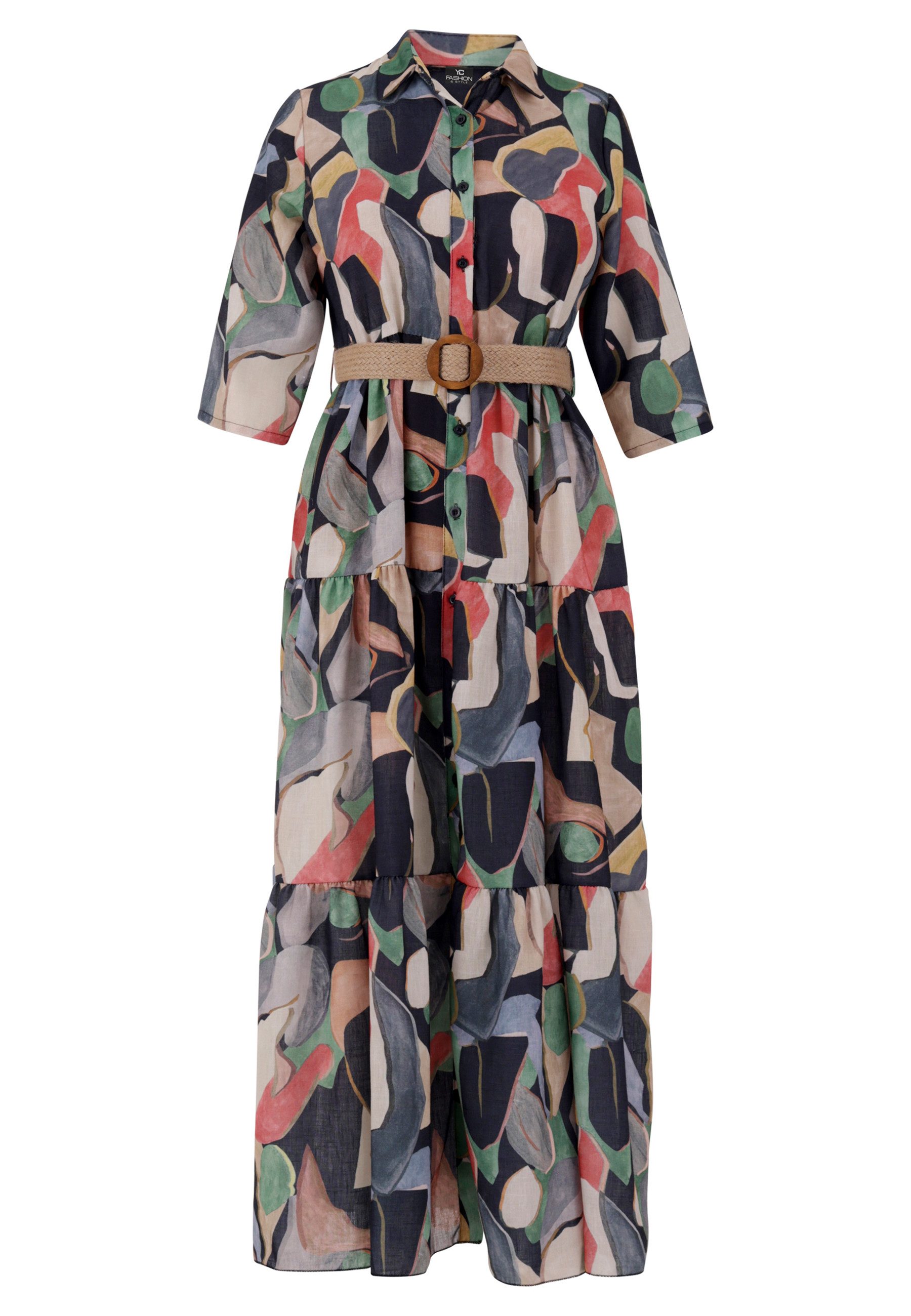 YC Fashion & Style Maxikleid Leinenkleid mit Bindegürtel & Stufenrock mit Alloverdruck