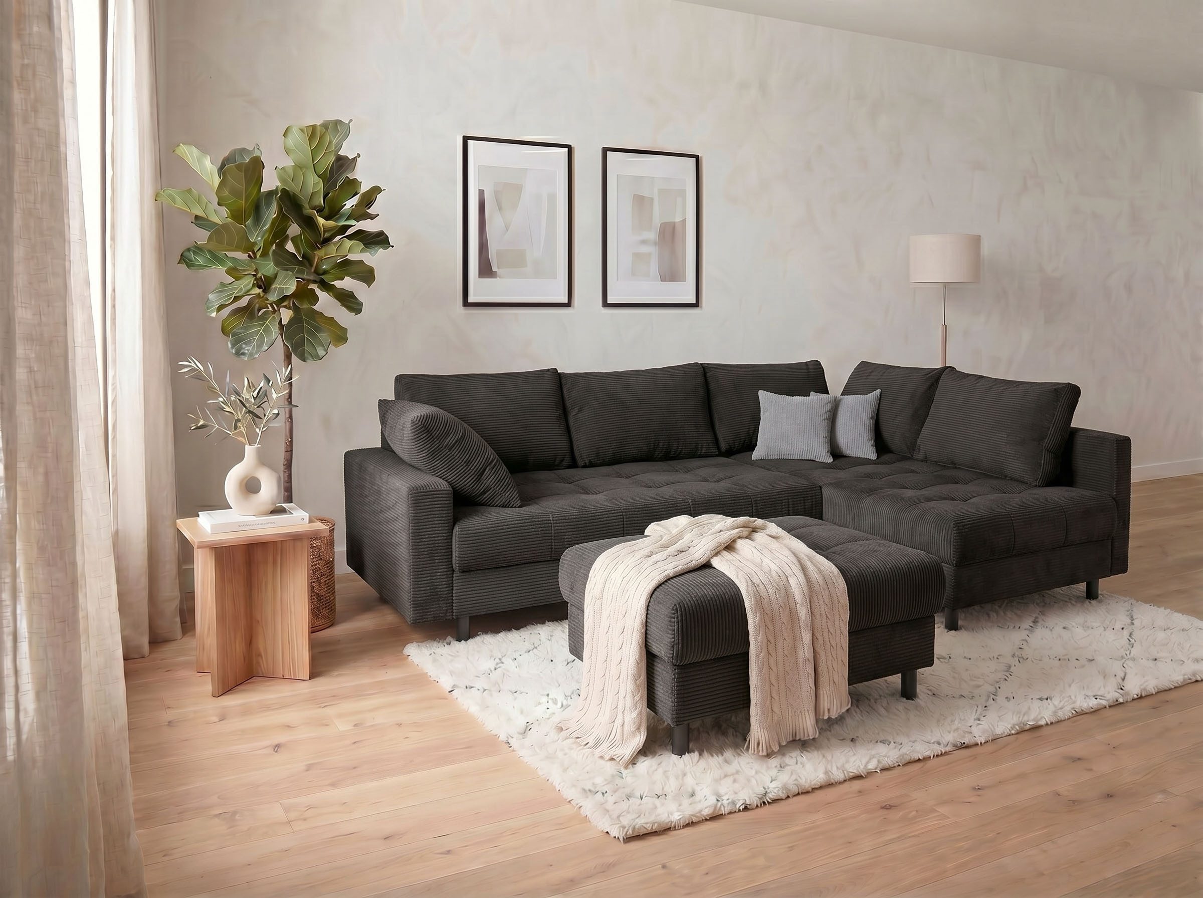 COLLECTION AB Ecksofa Toni XL L-Form 274 cm Set inkl. Hocker, Set: Sofa & Hocker, 2 Zierkissen, Bonell-Federkern