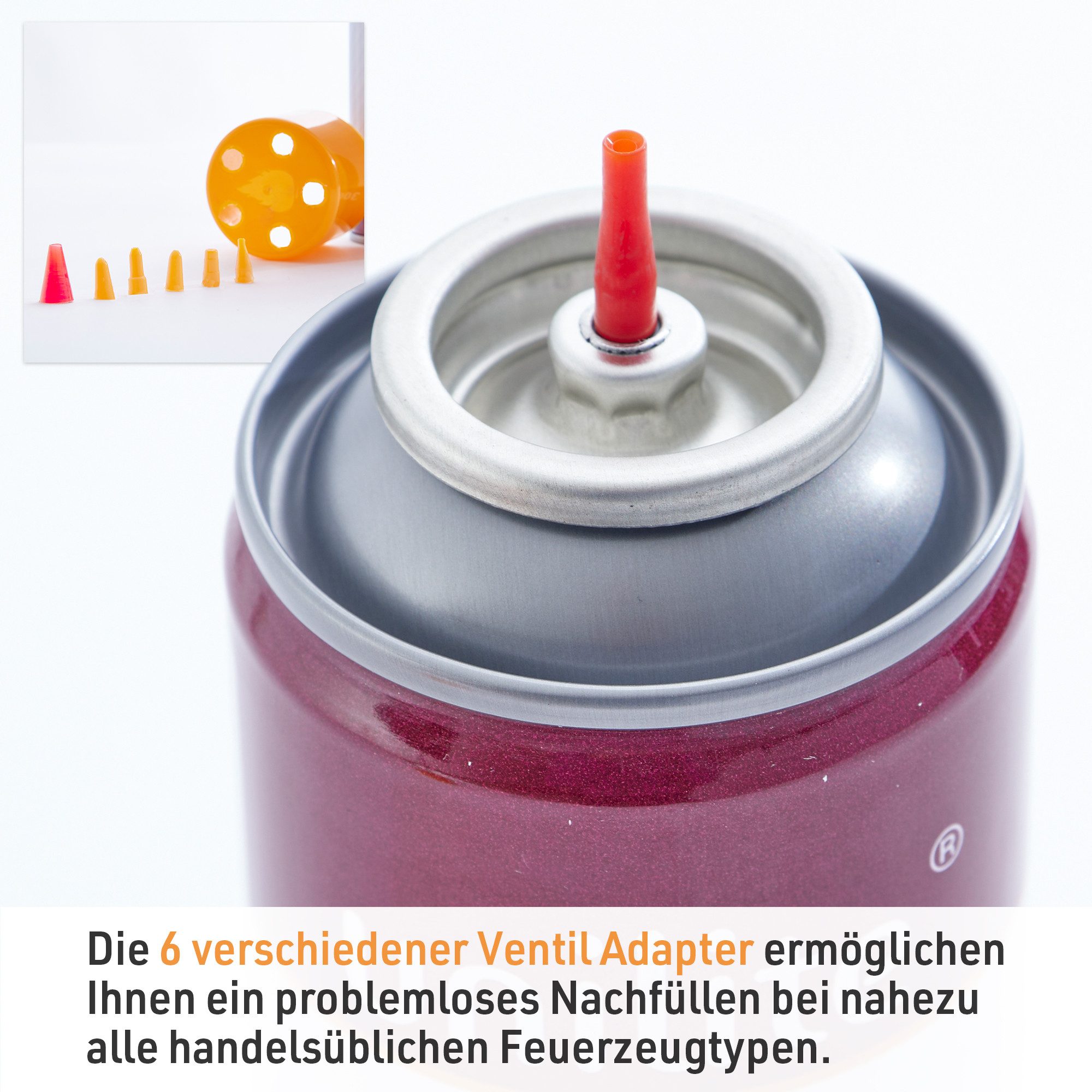 Unilite Gaskartusche Feuerzeuggas mit 6 Adaptern, Nachfüllgas für Feuerzeuge, 1 St., 1 x 300ml, Küchenbrenner, Flammbierer, Stabfeuerzeuge