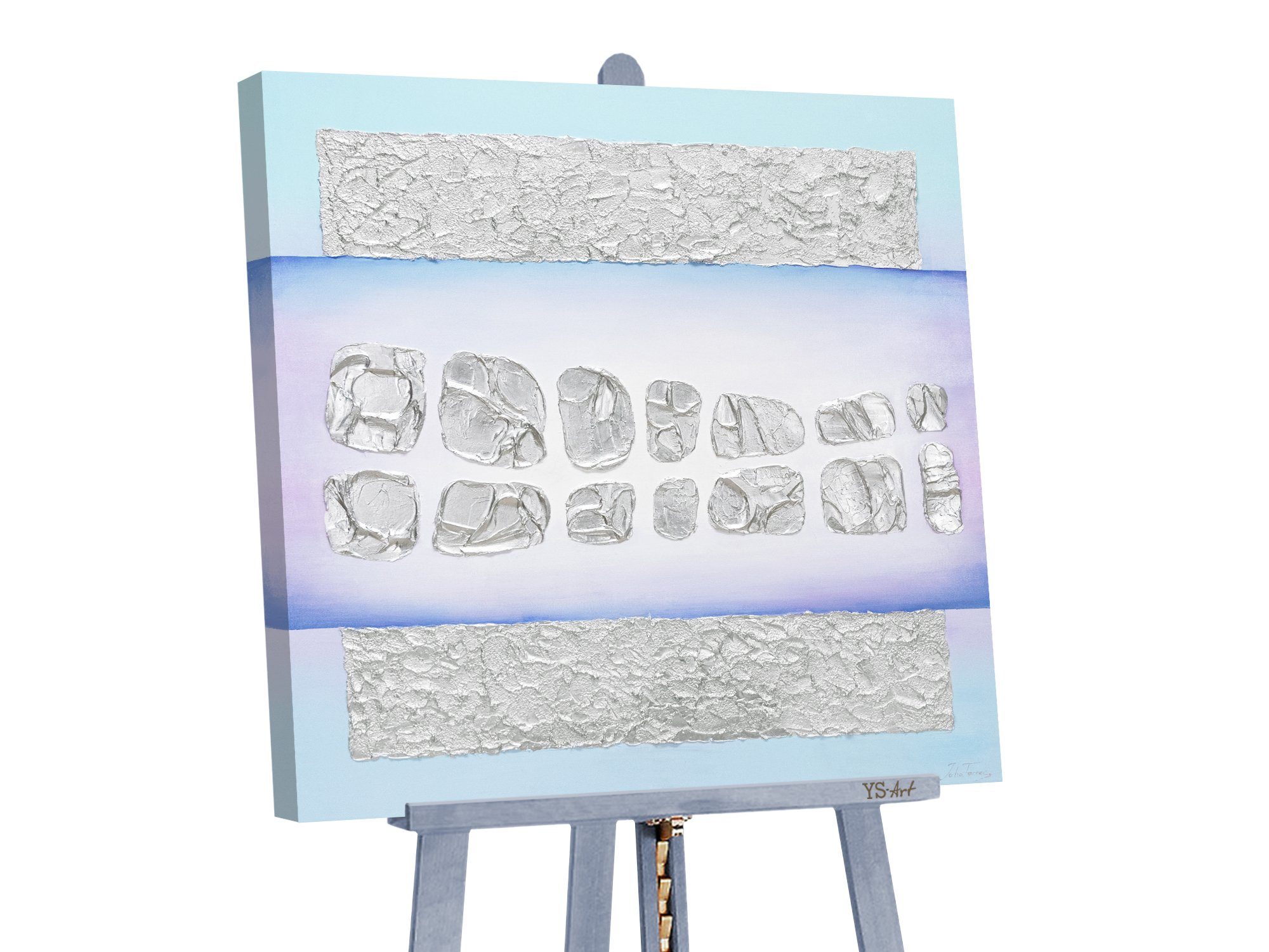 YS-Art Картина Silberfunkel, Abstrakte Изображения, Abstraktes auf Leinwand Bild Handgemalt Hell Blau Silber