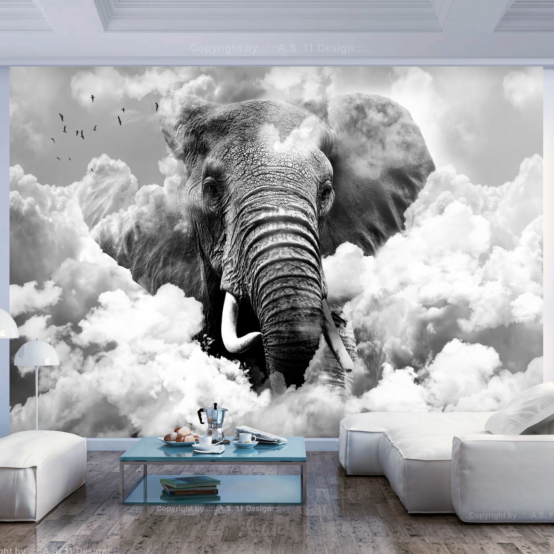 Tapete KUNSTLOFT (Black m, halb-matt, Design White) and lichtbeständige Vliestapete in Clouds 1x0.7 Elephant the