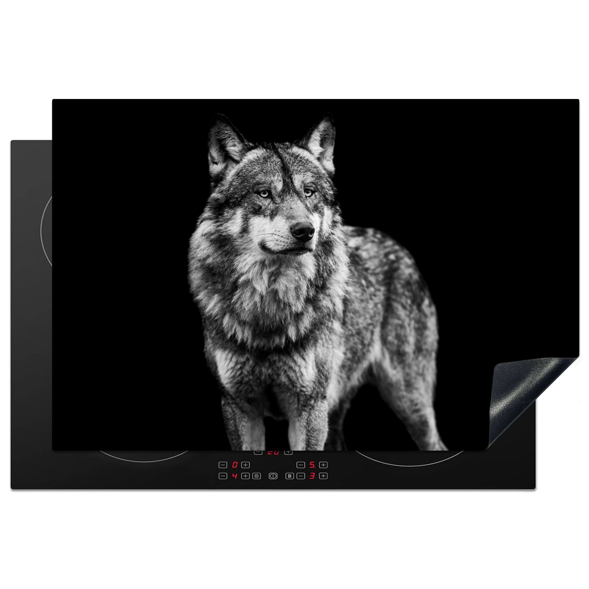 MuchoWow Herd-Abdeckplatte Wolf - Tiere - Wild - Schwarz - Weiß, Vinyl, (1 tlg), Induktionsabdeckung Vinyl, Küchenzubehör, 77x51 cm