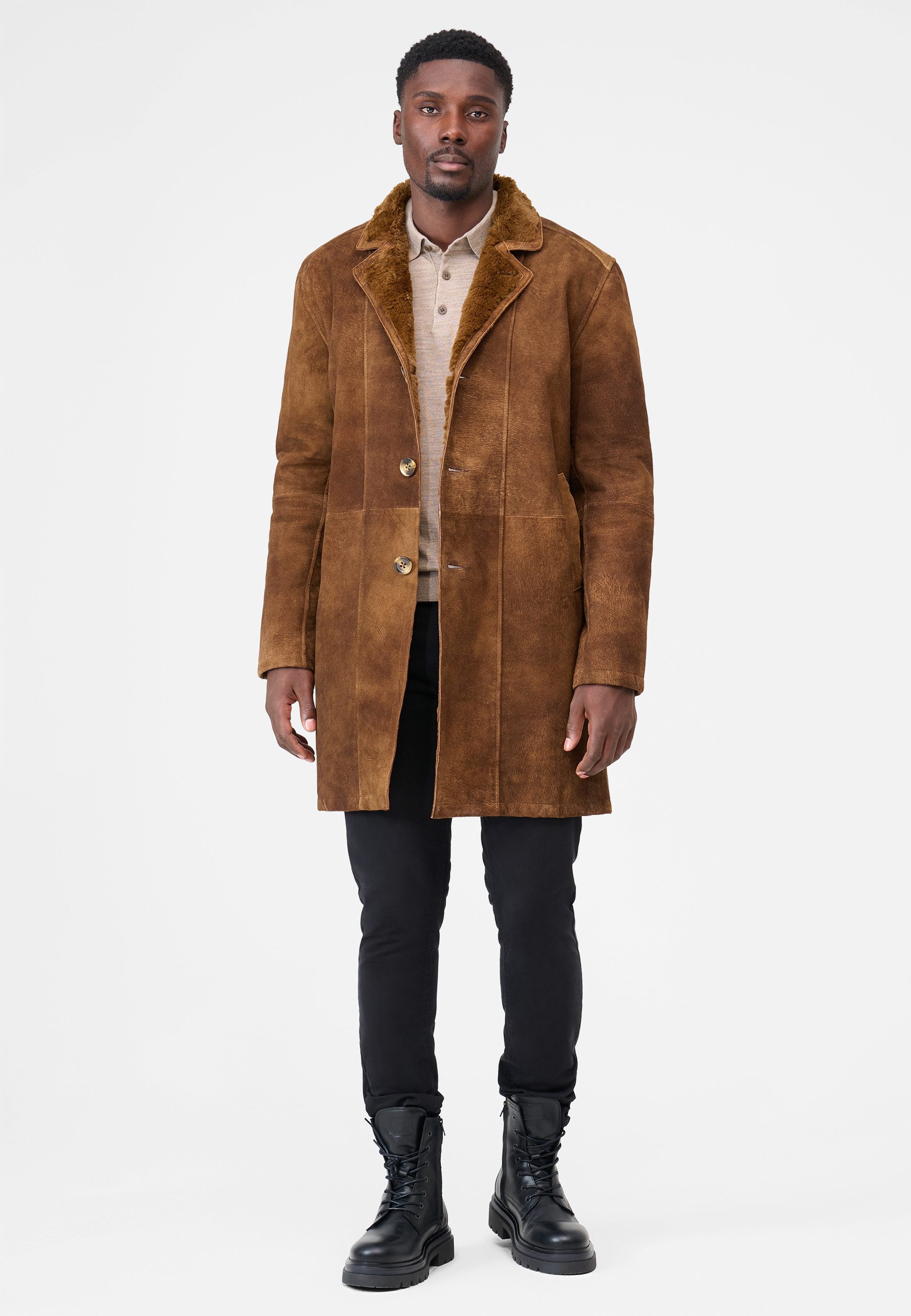 RICANO Ledermantel Ignacio 100 % Ziegen Velours Leder, Handmade, Luxuriöser Kunstfellkragen