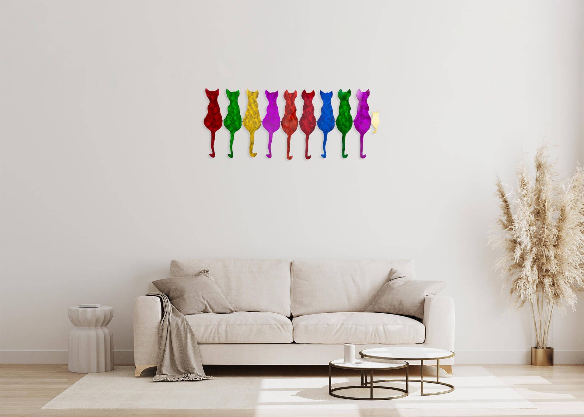 KUNSTLOFT Wanddekoobjekt Colorful Cats 116x46x2.5 cm, handgefertigte Wanddeko Metall