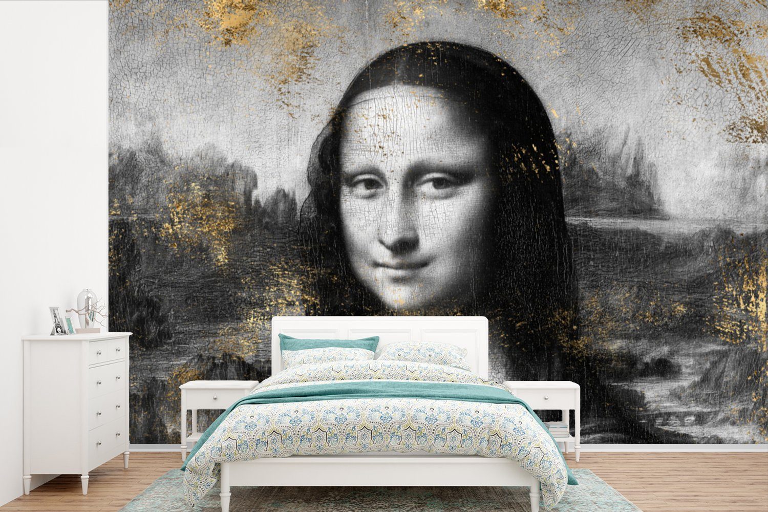 MuchoWow Fototapete Mona Lisa - Leonardo da Vinci - Gold, Matt, bedruckt, (6 St), Wallpaper für Wohnzimmer, Schlafzimmer, Kinderzimmer, Vinyl Tapete | Fototapeten