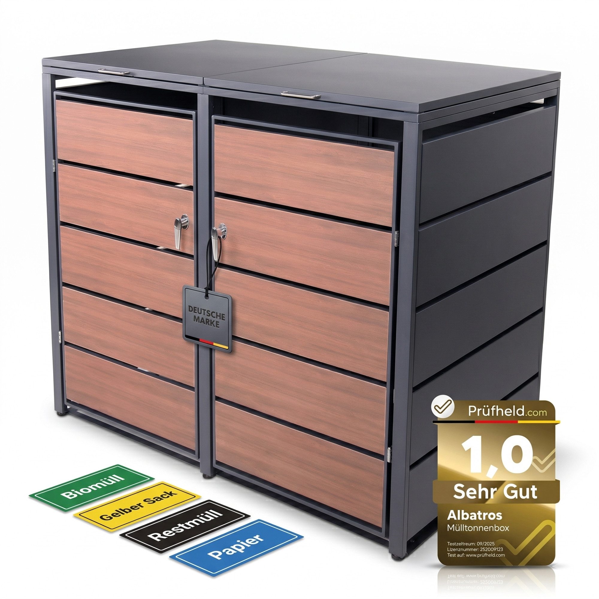 Albatros International Mülltonnenbox Mülltonnenbox 2er Holzdekor, 120L bis 240L, für Zwei Tonnen