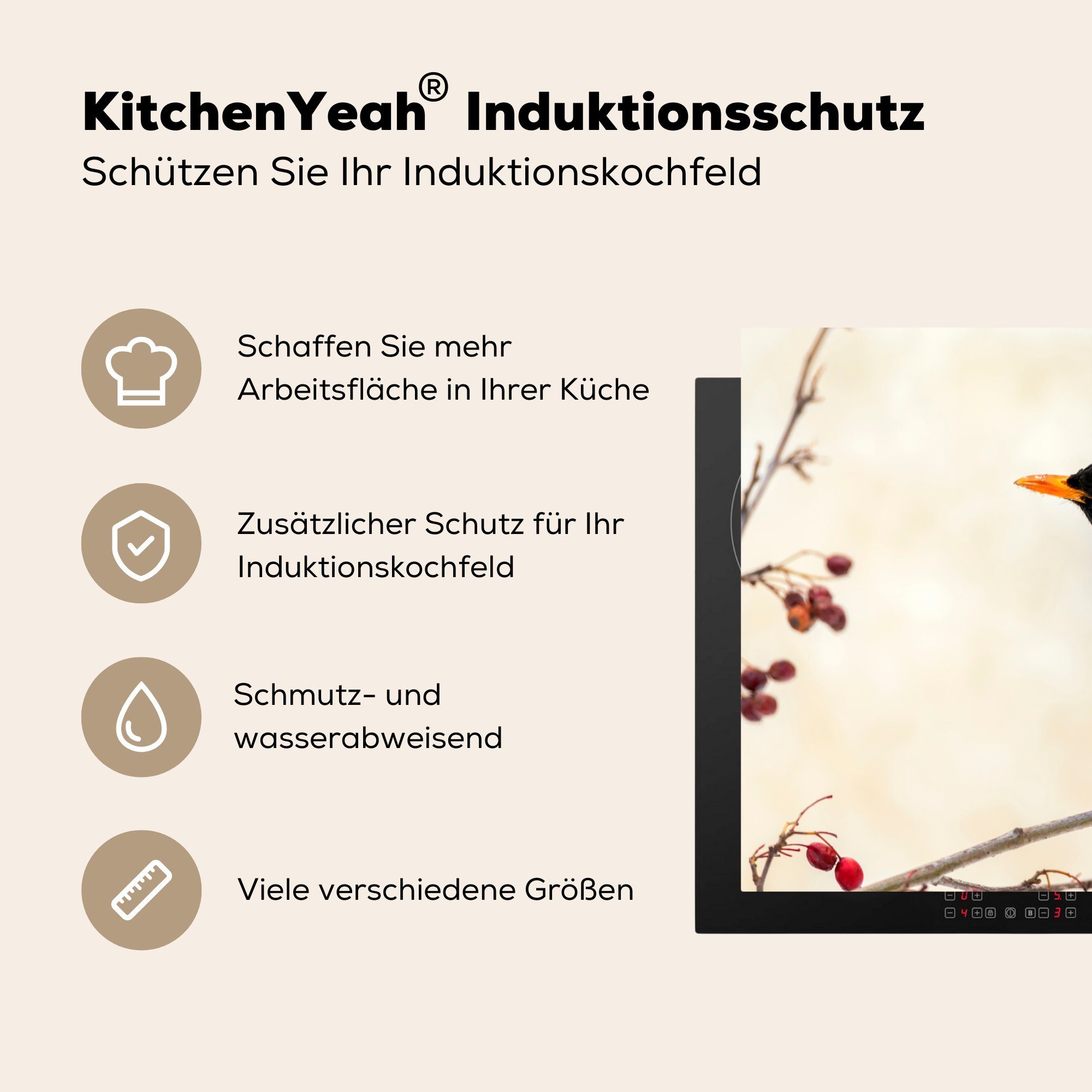 Amsel - tlg), Vogel - für Zweige Vinyl, Beere - Rot, 77x51 Ceranfeldabdeckung, (1 cm, Arbeitsplatte - küche MuchoWow Herdblende-/Abdeckplatte