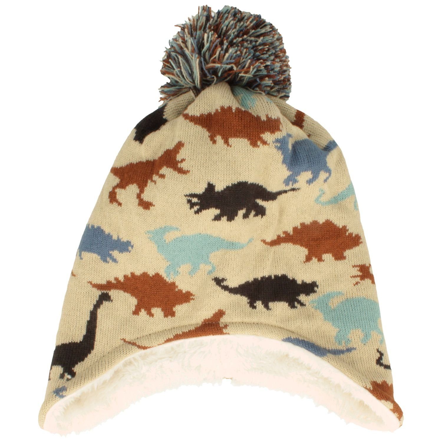 Breiter Strickmütze mit Ohrenschutz, Dinos & Bommel für Kinder