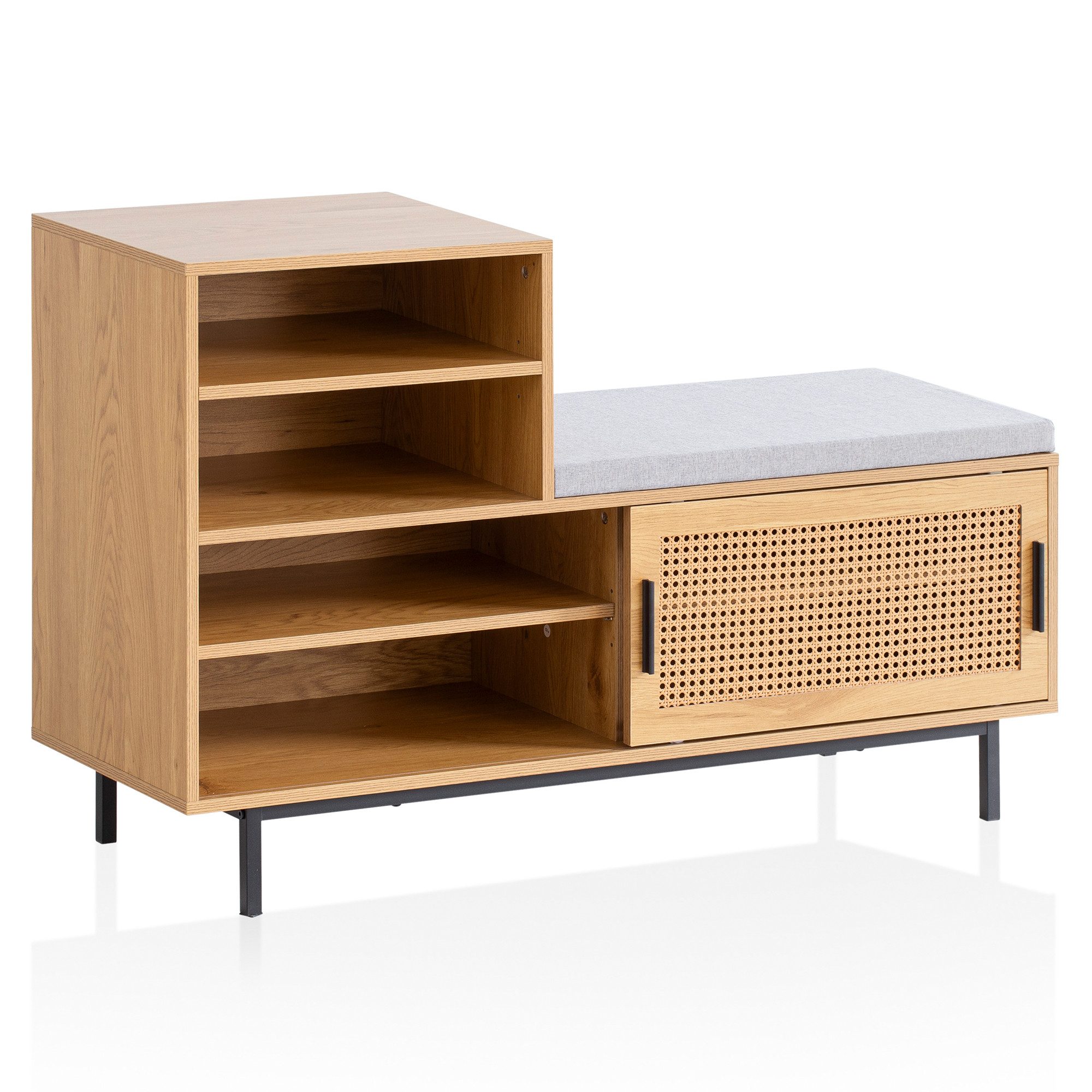 furnicato Schuhschrank Garderobenbank mit Wiener Geflecht 120x75,5x40 cm Eiche Grau Höhenverstellbare Regalfächer Sitzbank mit praktischer Schiebetür
