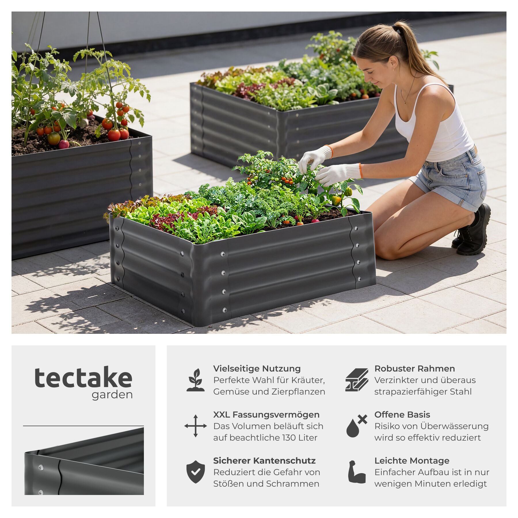 tectake Hochbeet stabiler Gemüsekasten aus verzinktem Stahl, mit offenem Boden (Pflanzkasten Salvia, in grau, 130 L), sicher, witterungsbeständig, inklusive Arbeitshandschuhe
