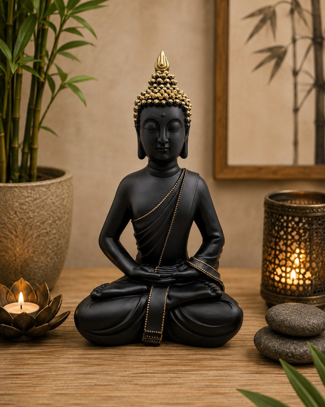 Geschenkestadl Buddhafigur Buddha Figur 30 cm Schwarz Gold Zen Meditation Deko Polystein, Buddha schwarz/gold – Bild 2 von 5