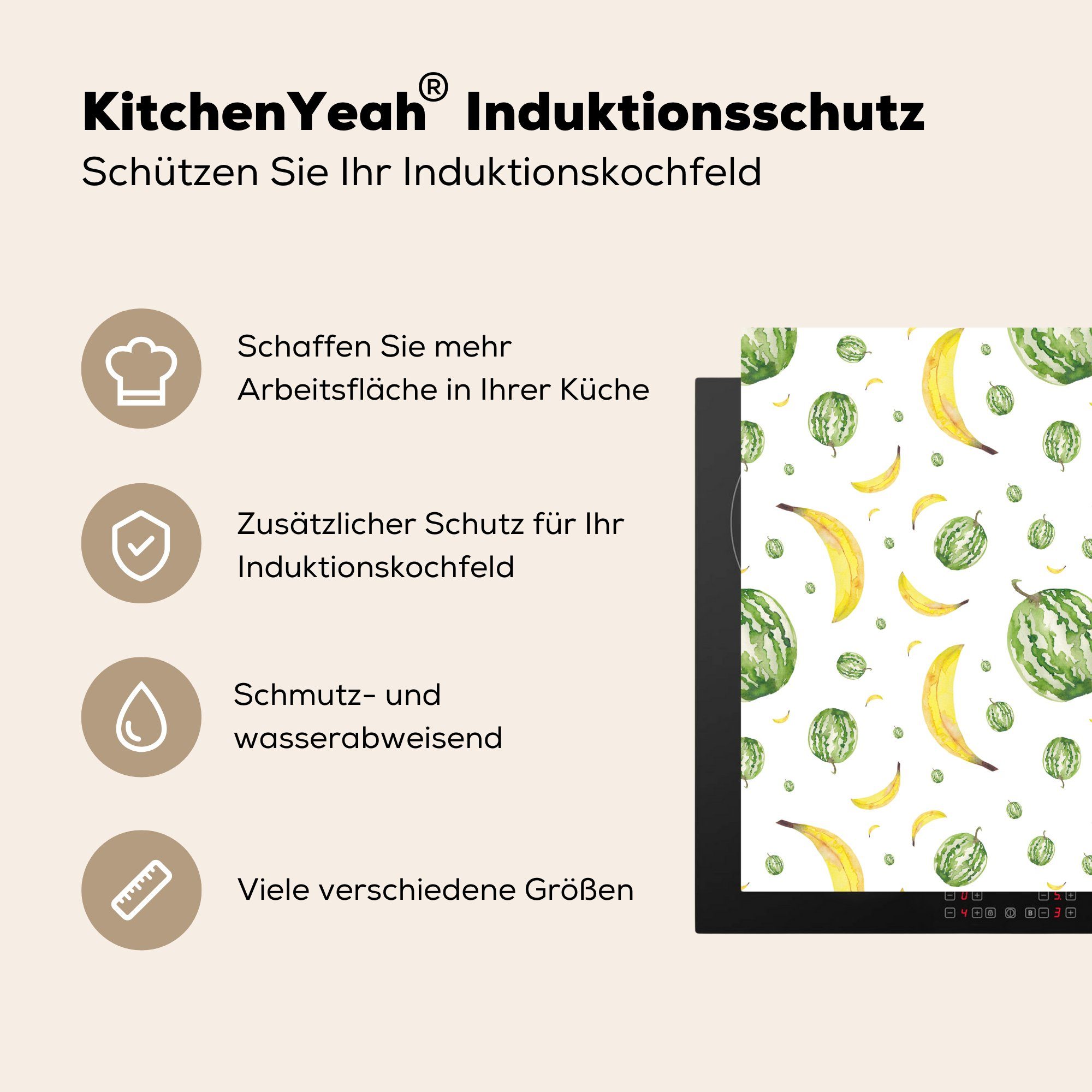 - Bananen Arbeitsplatte Herdblende-/Abdeckplatte cm, - für (1 küche tlg), Vinyl, 78x78 Schablonen, MuchoWow Wassermelonen Ceranfeldabdeckung,