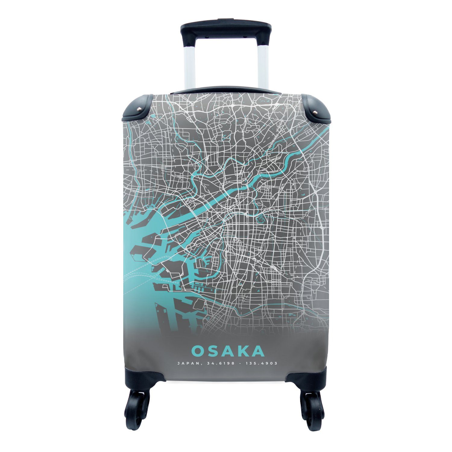 MuchoWow Handgepäckkoffer Osaka - Karte - Stadtplan - Blau, 4 Rollen, Reisetasche mit rollen, Handgepäck für Ferien, Trolley, Reisekoffer