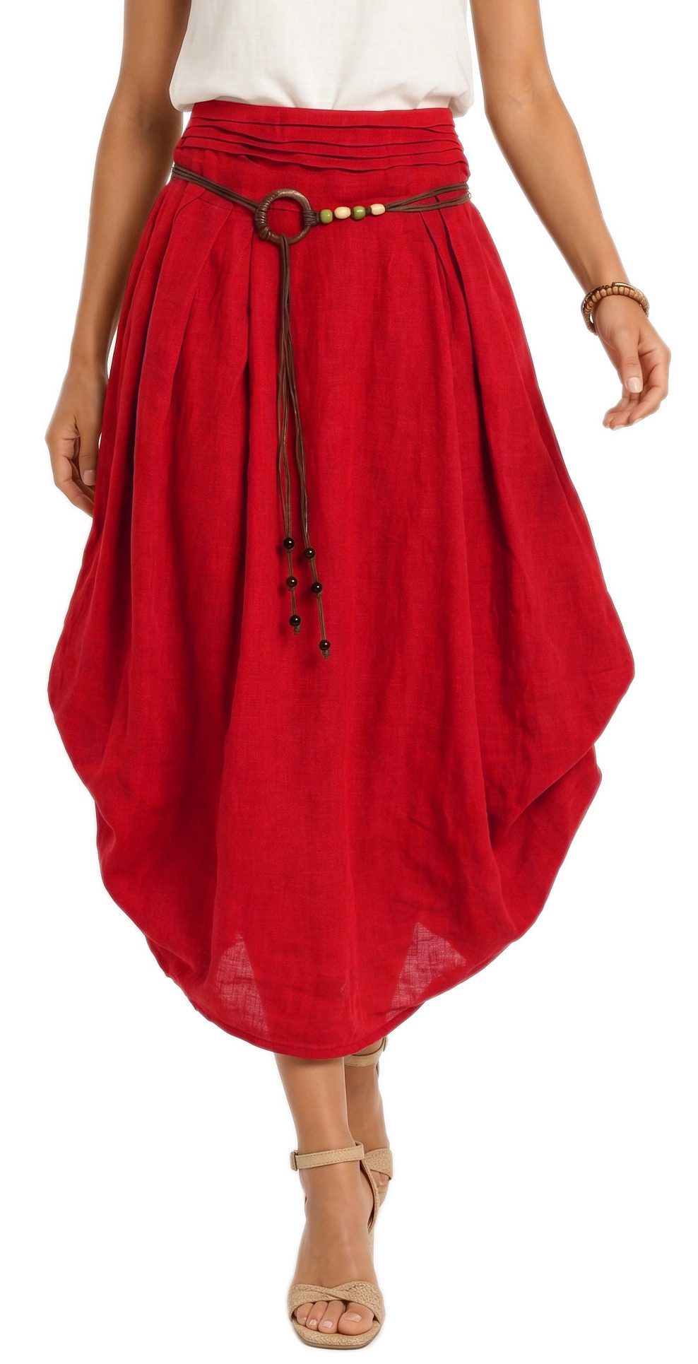 dy_mode Ballonrock Damen Leinenrock Midi Ballonrock Sommerrock Midirock in Unifarbe, mit Teil-Gummibund, Variabler 2-in-1 Look
