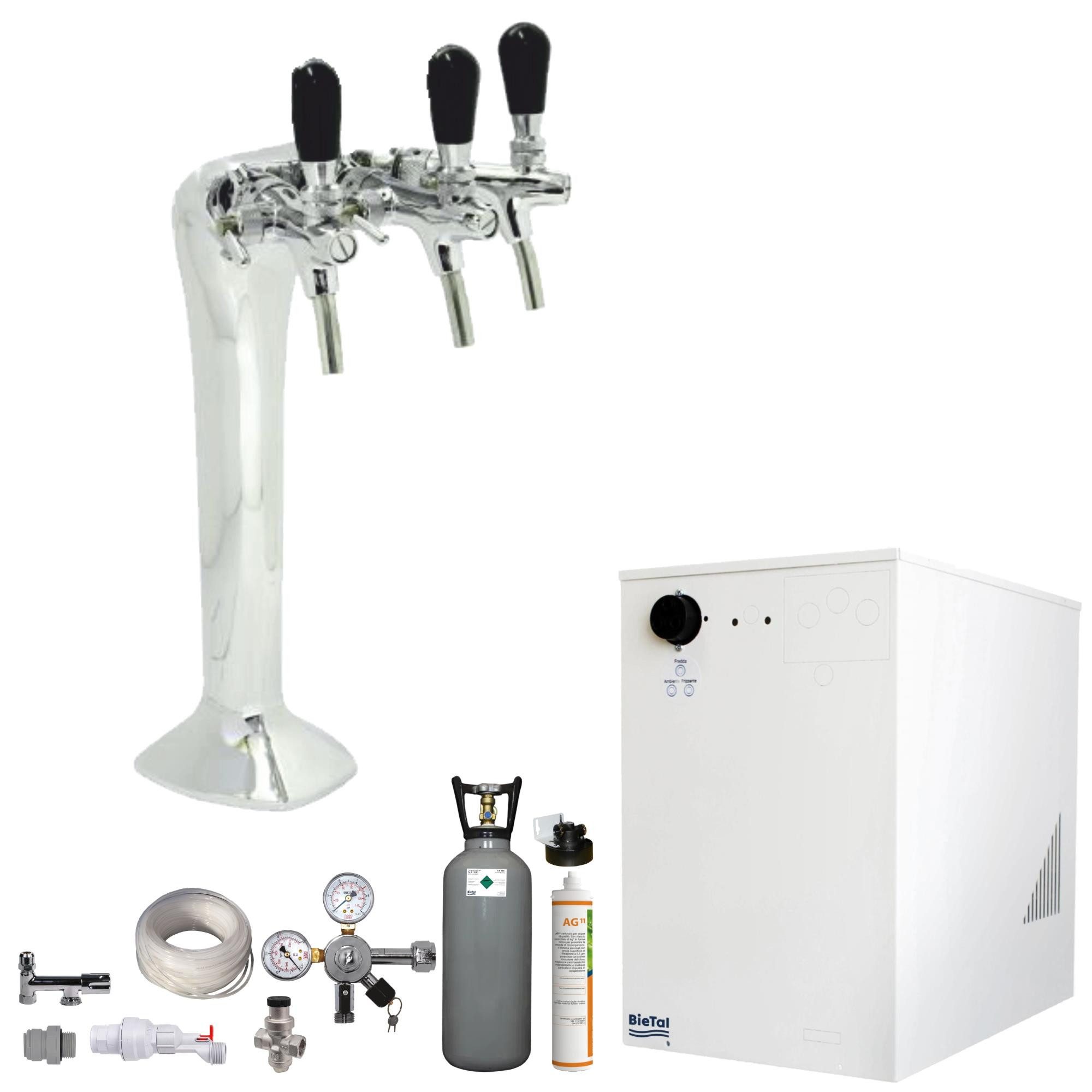 BieTal Wassersprudler Tafelwassergerät BieTal® BT-30U mit Kühlung Zapfstelle 3-Wege SET, (Set, mit 6kg CO2 Flasche-tlg., Cobra Chrom mit Aktivkohle Filteranlage), Sprudelwasseranlage Trinkwasser Wasserspender