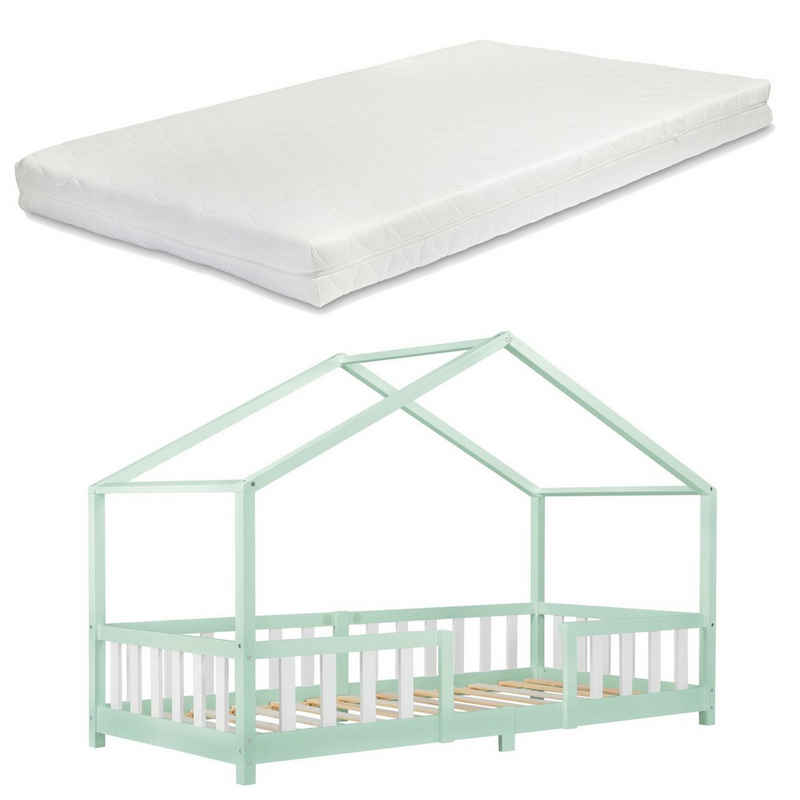 en.casa Kinderbett (Bett und Matratzen), »Treviolo« Hausbett mit Matratze Mint / Weiß 90x200 cm