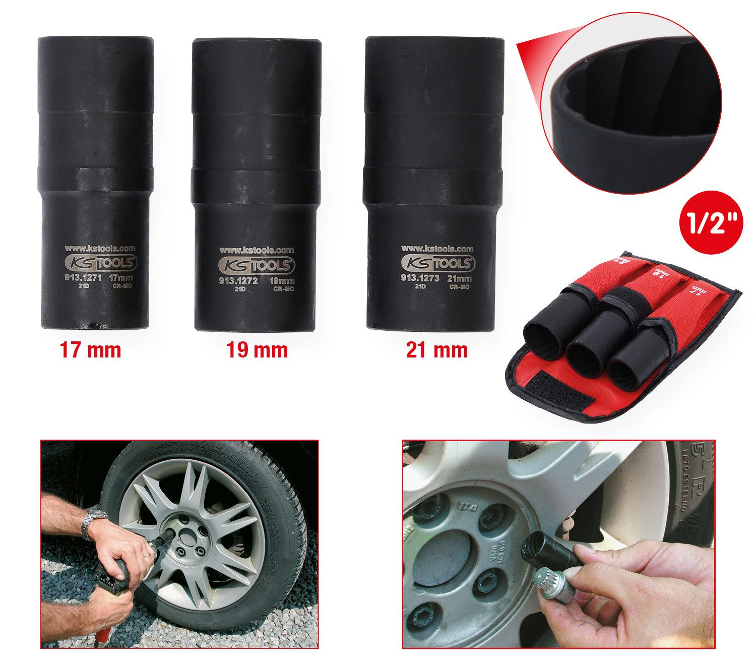 KS Tools Steckschlüssel 1/2" Spiral-Profil-Kraft-Stecknuss-Satz, 3-tlg,17-21mm (913.1270)