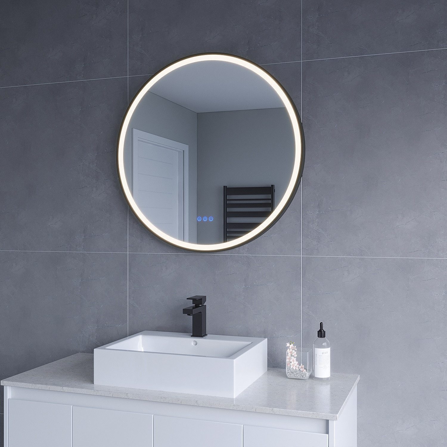 AQUALAVOS LED-Lichtspiegel Runder Badspiegel mit Beleuchtung Ø60/80 cm Alurahmen IP44 Wandmontage, Anti-Beschlag Memory-Funktion IP44 Farbwiedergabeindex (CRI) > 90