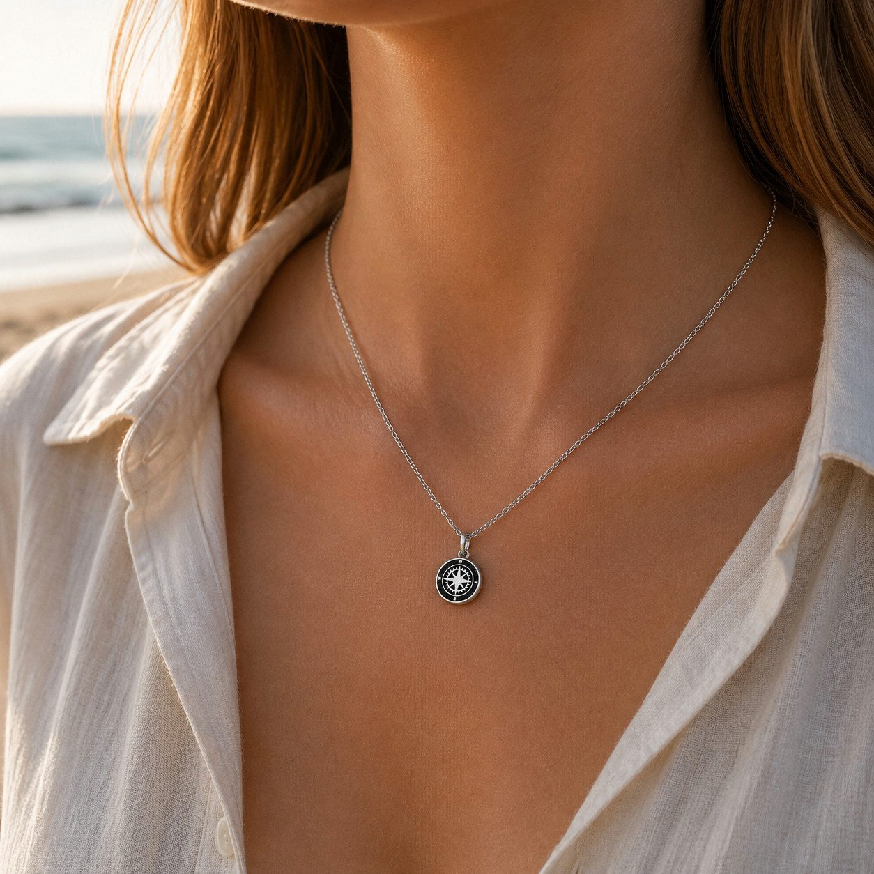 Kette mit Anhänger Kompass 2.0 K2675 925 Silber Lavasand 42 cm maritime Damenkette