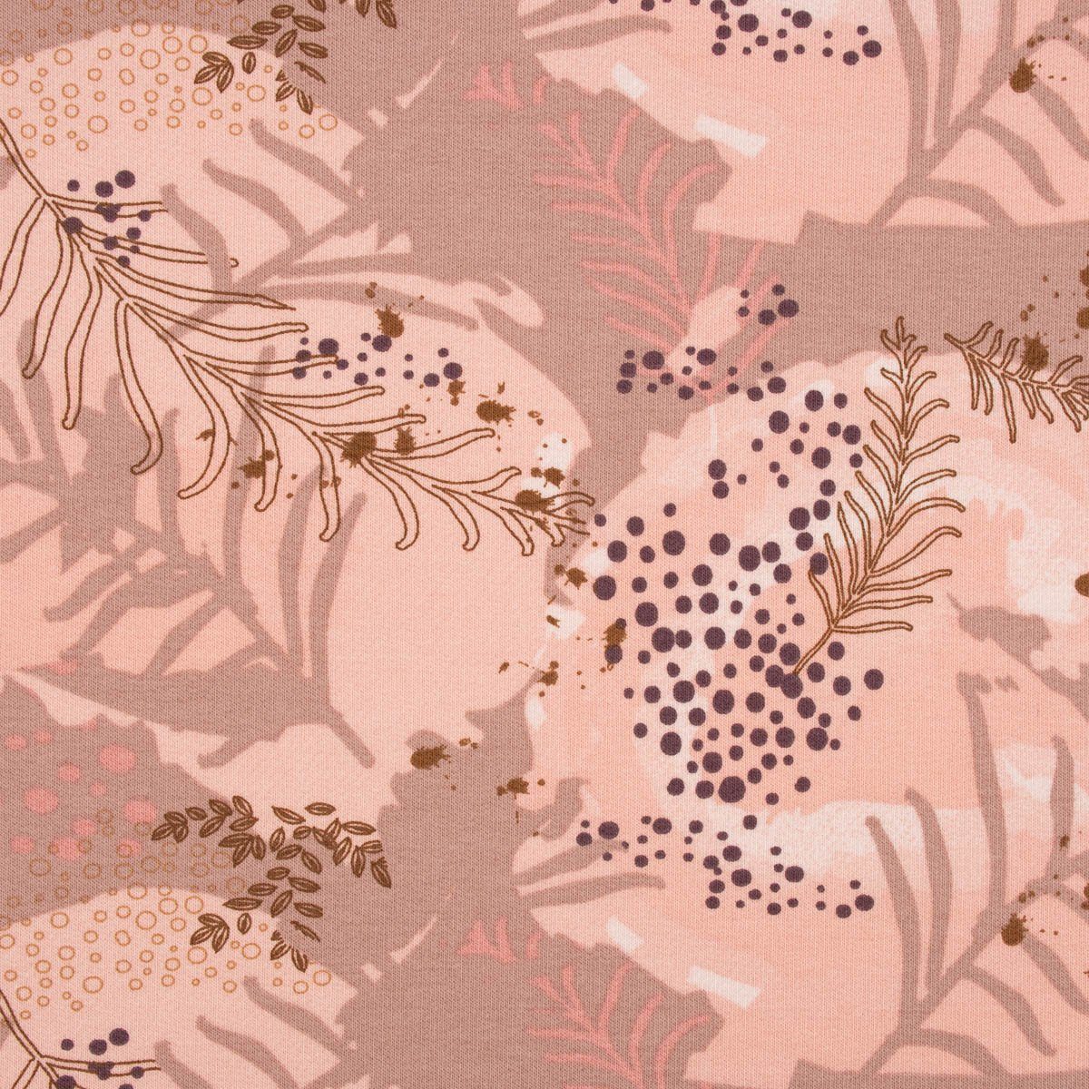 Stoff French Terry Sommersweat Meterware Leaves Blätter rosa 1,45m