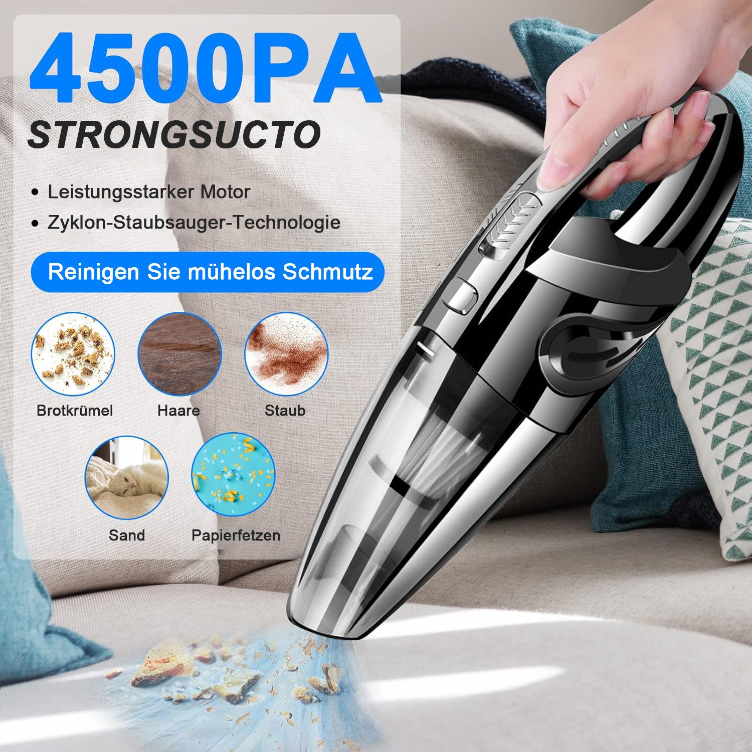 AIMAX Akku-Handstaubsauger Kabellos Handstaubsauger, 120W Handstaubsauger Akku Testsieger, 120 W, HEPA-Filter, mit Flacher Fugendüse, Verlängerungsschlauch, Auto staubsauger stark mit Waschbarer Filter für Haus, Autoreinigung