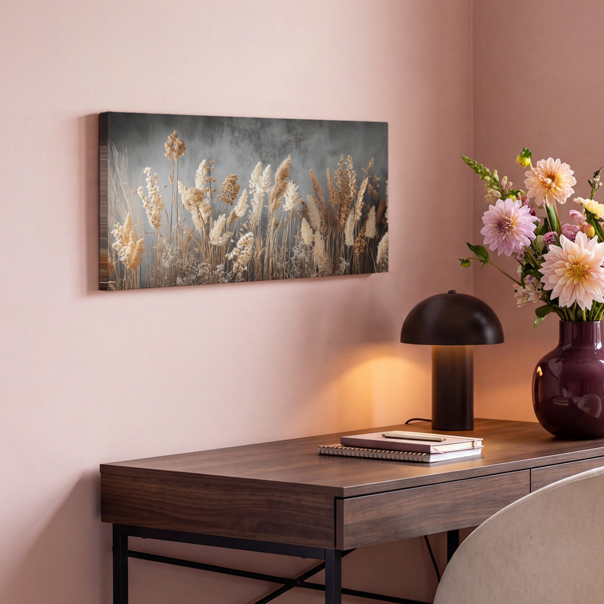 OneMillionCanvasses® Leinwandbild Panorama Getrocknete Feldblumen - Grau - Beton, Fotodruck (1 St), Wandbild, Deko Schlafzimmer Wohnzimmer Flur 40x20 cm – Bild 4 von 5