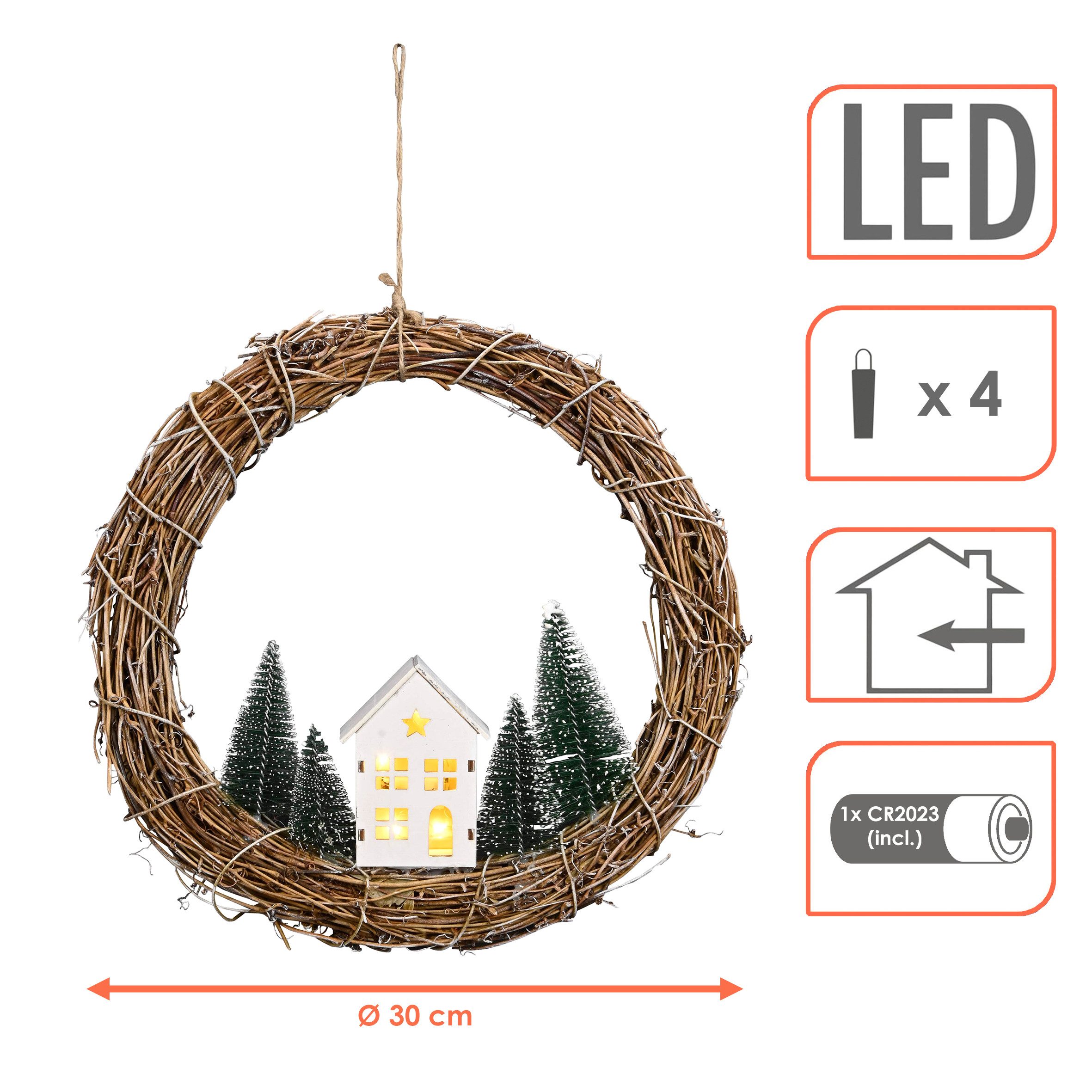 Spetebo LED-Dekofigur Weidenkranz mit Haus und Tannen (Türkranz mit Beleuch günstig online kaufen