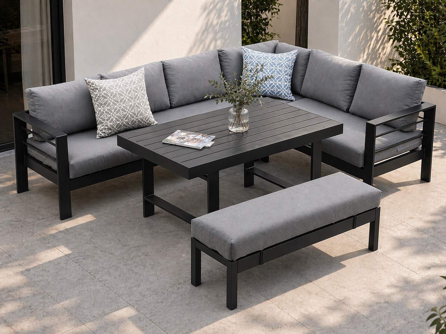 MeXo Gartenlounge-Set XXL Gartenmöbel Set Aluminium für 6-8 Personen, (Dining Loungeset Outdoor, 5-tlg., mit 12 cm dicken Sitzkissen, pflegeleichte Polywood-Tischplatte), wetterfeste Ecklounge mit Esstisch
