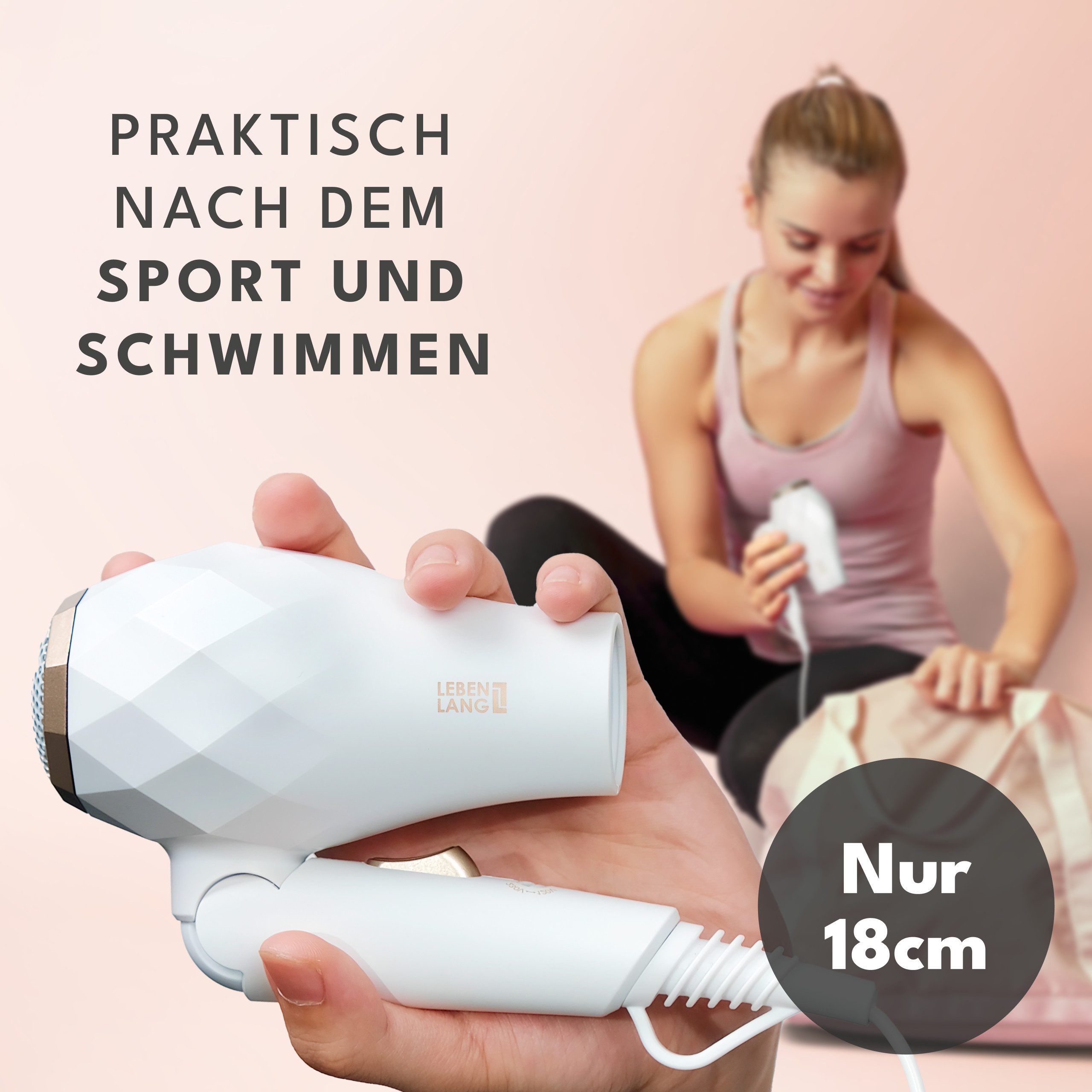 Lebenlang Reisehaartrockner klappbar klein -, 1000,00 W, Duale Spannung & Inkl. Reisetasche mit Stylingdüse, Leichtes Gewicht