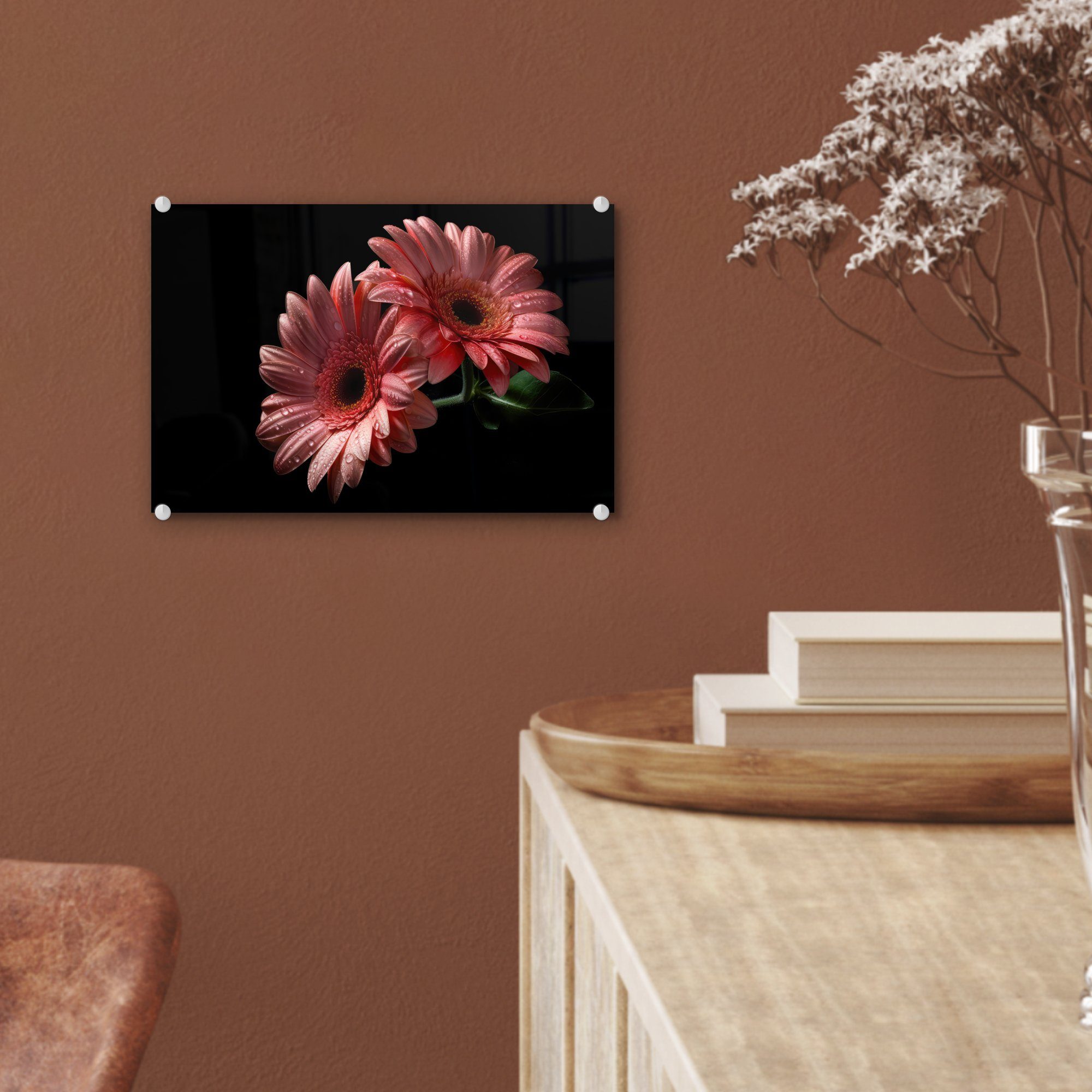 - Wanddekoration Rosa Glas auf Blumen auf Bilder Porträt, Gerbera - Glas Acrylglasbild - - - (1 Glasbilder Wandbild MuchoWow - Foto - St), Natur