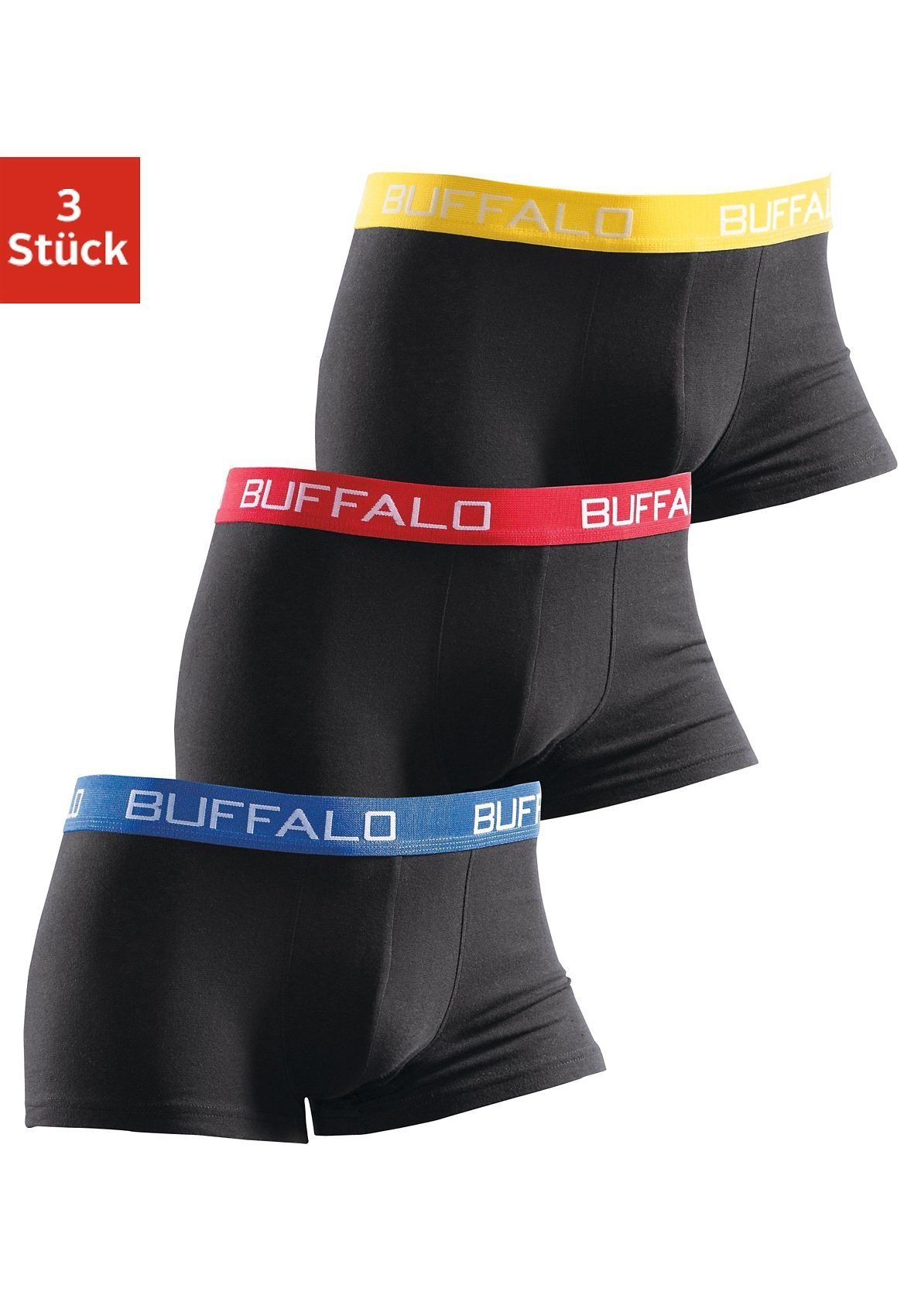 [Hergestellt im Jahr 2024] Buffalo (Packung, für Jungen schwarz-rot, Bündchen kontrastfarbenem 3-St) Boxer schwarz-blau, mit schwarz-gelb