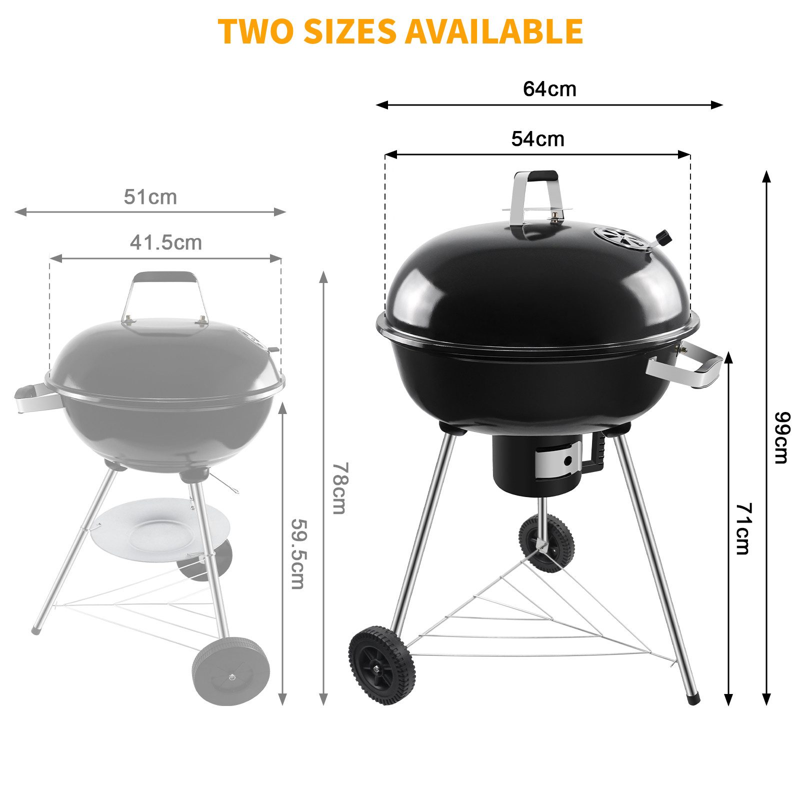 SunJas Holzkohlegrill Kugelgrill Edelstahl Campinggrill mit Deckel und Rädern, Gartengrill Mobiler Grill Outdoor Grill BBQ Grill, Grillrostmaße Ø54cm für 5-10 Personen