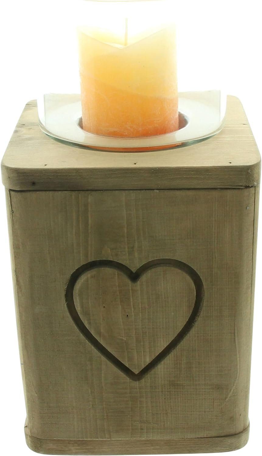 Windlicht "Herz", Windlichtsäule aus Holz in Blockform, 32 cm hoch, Holzsäule
