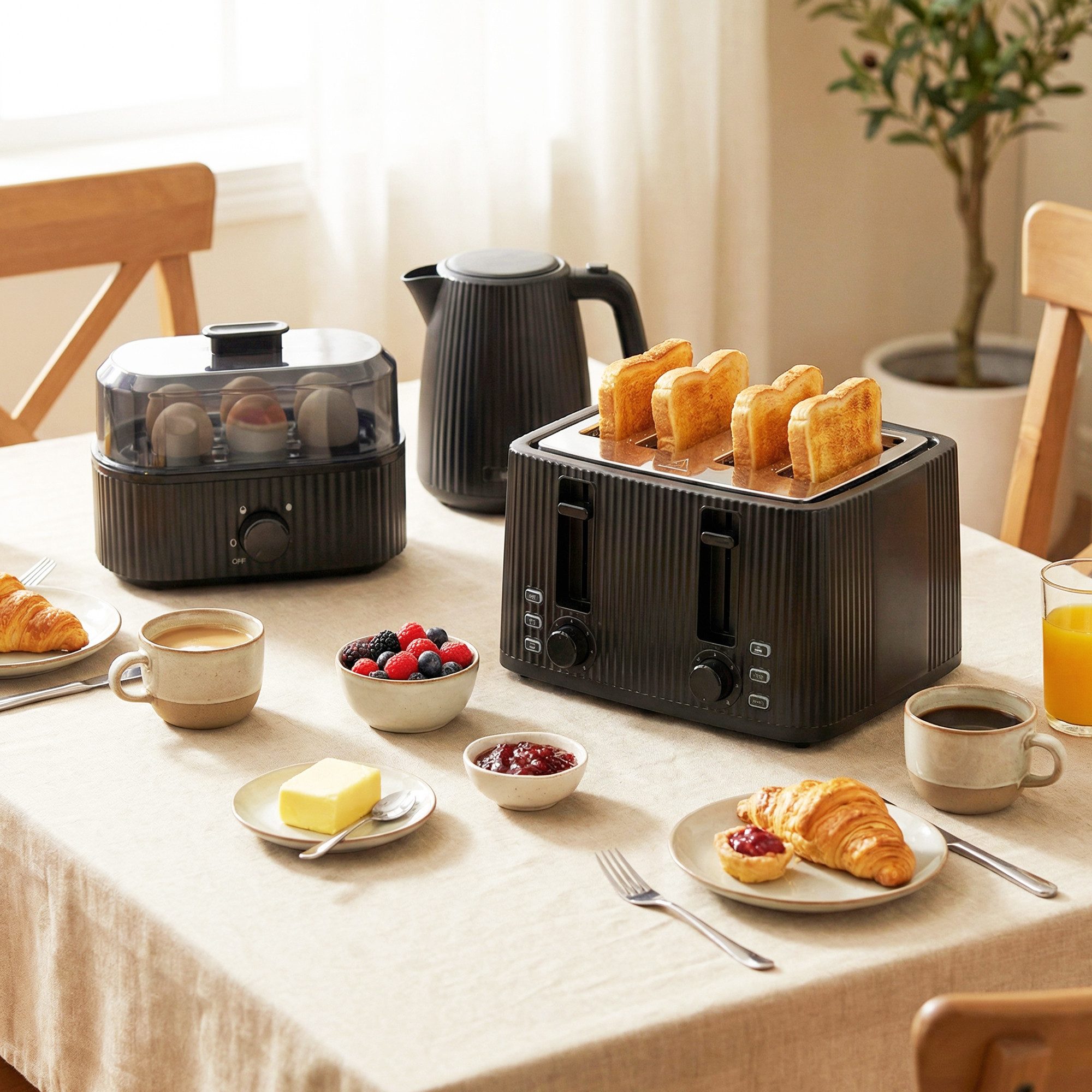 HOMCOM Frühstücks-Set 1,7L 2200W Edelstahl Wasserkocher 4 Scheiben Toaster Eierkocher (3-tlg), Eierkocher mit Kontrollleuchte, Signalton-Timer für 1-6 Eier