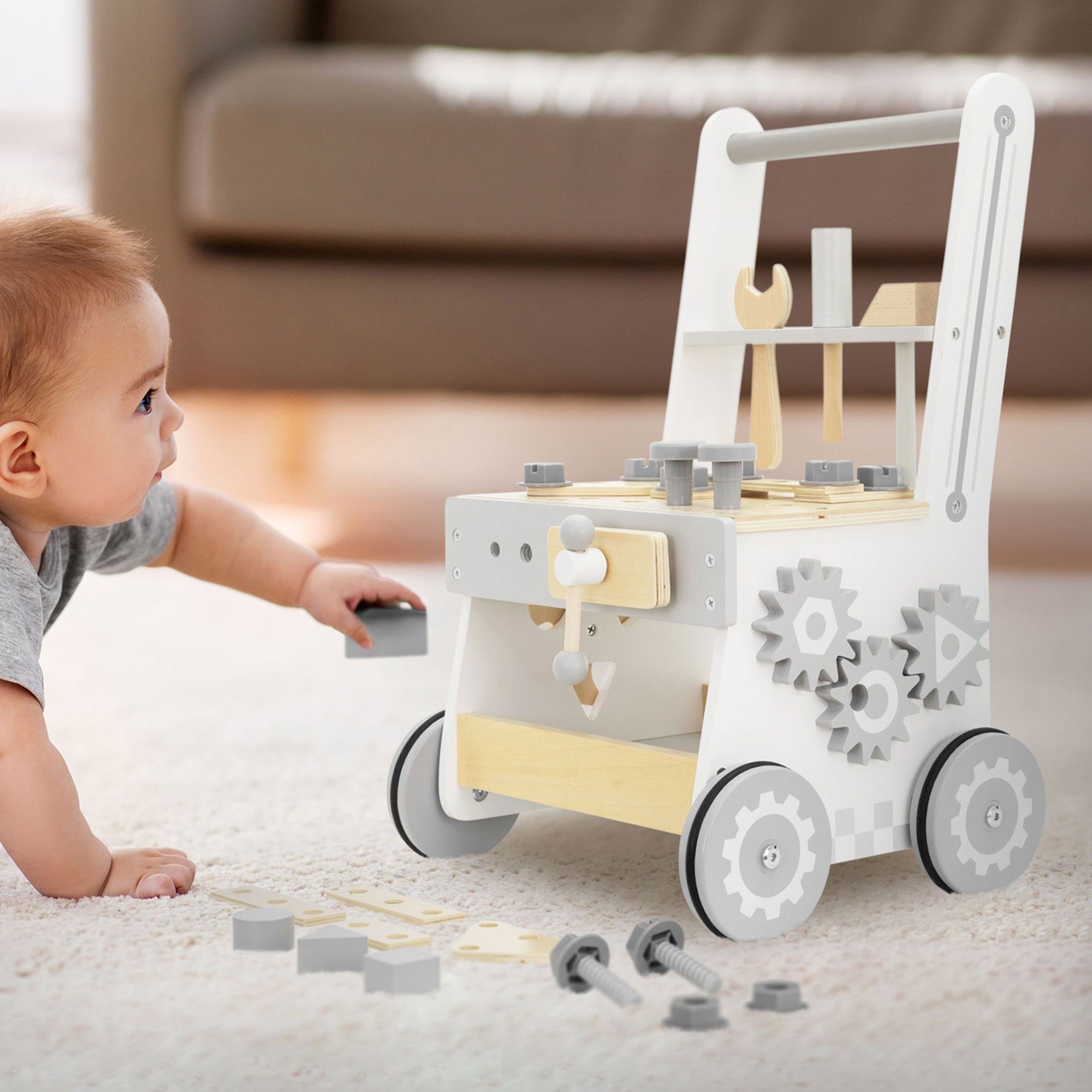 mit ab Kinder Montessori-Holzspielzeug, Gehfrei 1 Jahr Lauflernhilfe Gummibereifung Lauflernwagen Baby für Baby Walker Gehhilfe Grau Walker Joyz Holz