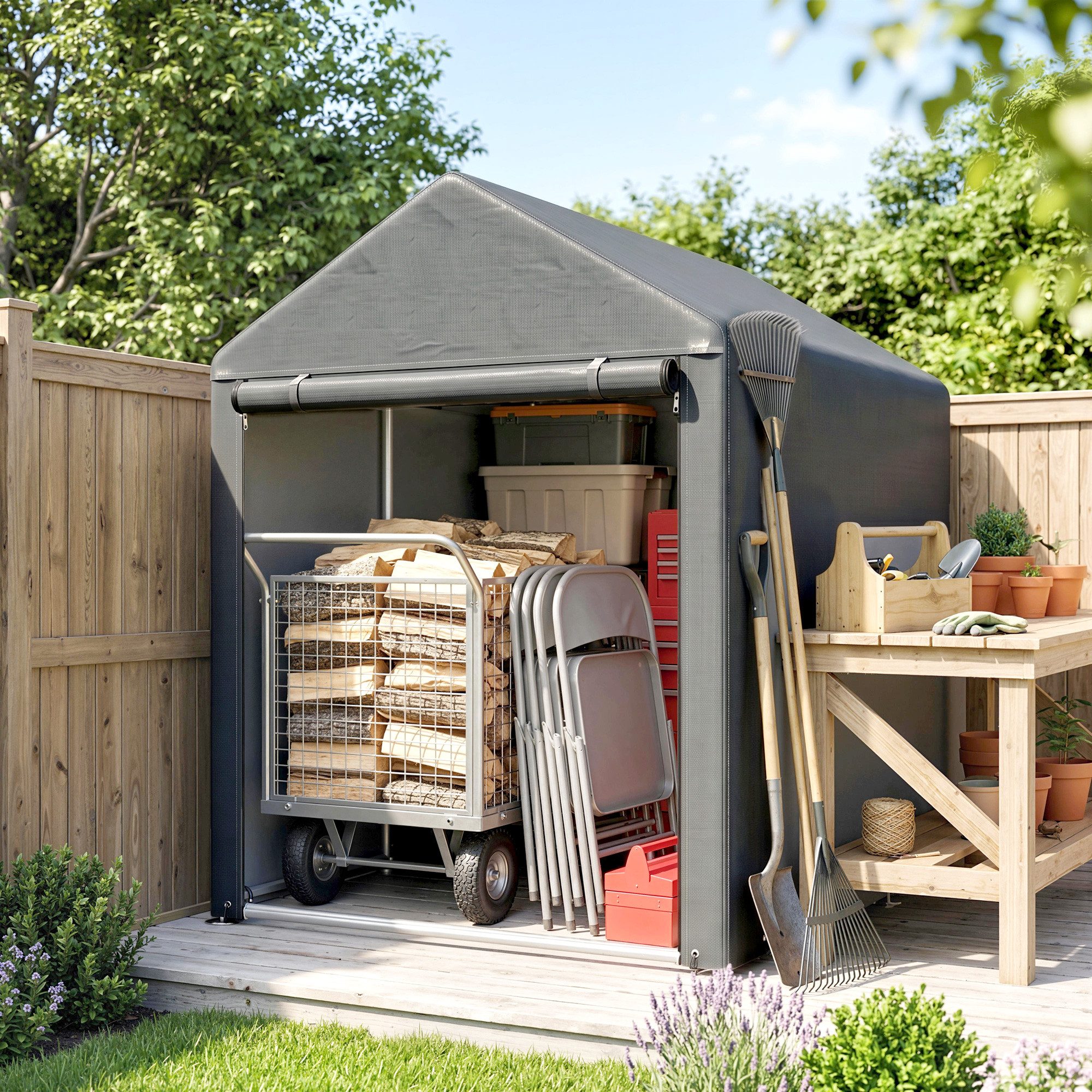Outsunny Faltgarage Gartenschuppen mit Stahlrahmen, robust & wetterfest (Schuppen, 1-St., Lagerzelt), für Garten, Dunkelgrau