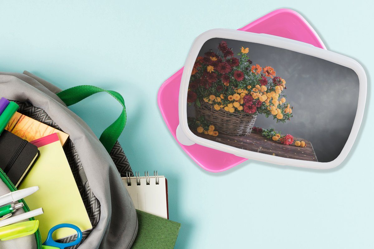 Erwachsene, Kunststoff (2-tlg), rosa Chrysantheme, Kinder, Brotbox Kunststoff, für Lunchbox Brotdose Snackbox, Mädchen, MuchoWow - Korb Stilleben -