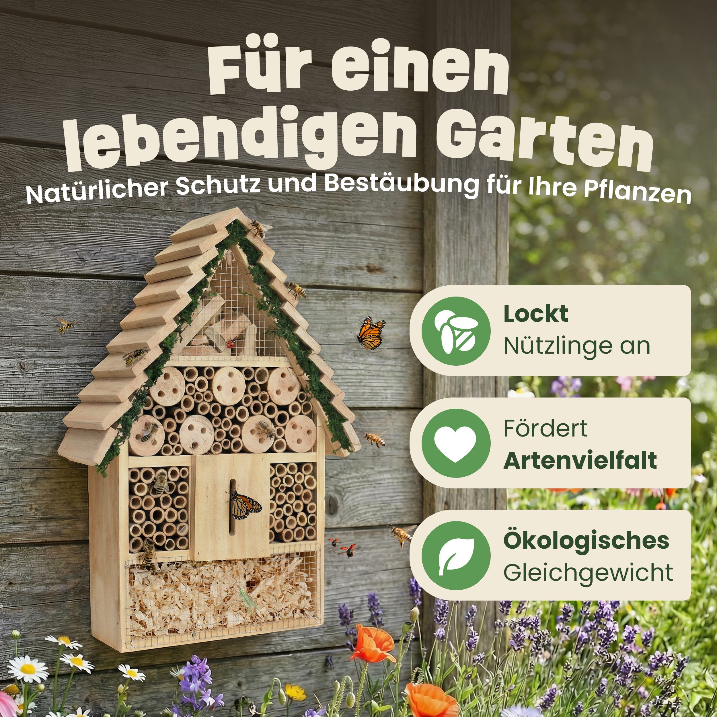Zooprinz Insektenhotel Insektenhaus zum Aufhängen XXL Vollholz mit Dekoration, Bambus, inkl. Aufhängung, Schutzgitter, Holzspäne, Holz mit Löchern