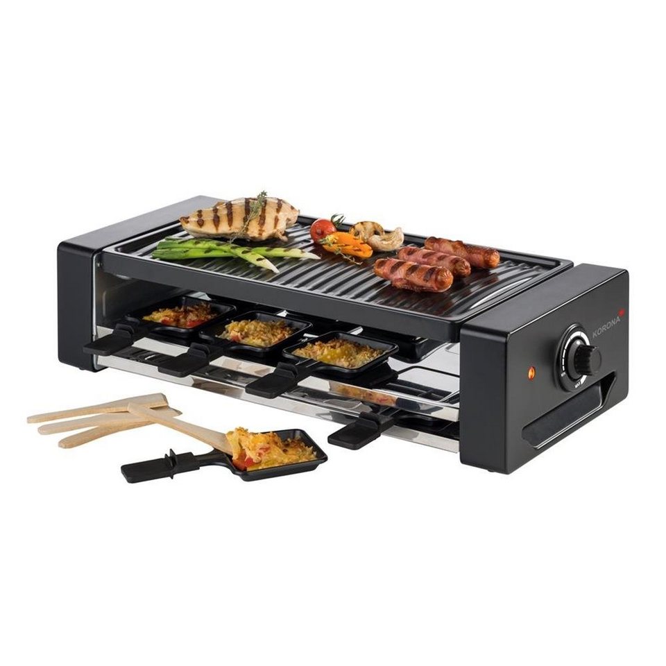 KORONA Raclette Raclette Grill für 8 Personen 45070, 8 Raclettepfännchen,  1300 W, inkl. 8 Pfännchen und Spatel, Temperaturregler, Kontrollleuchte