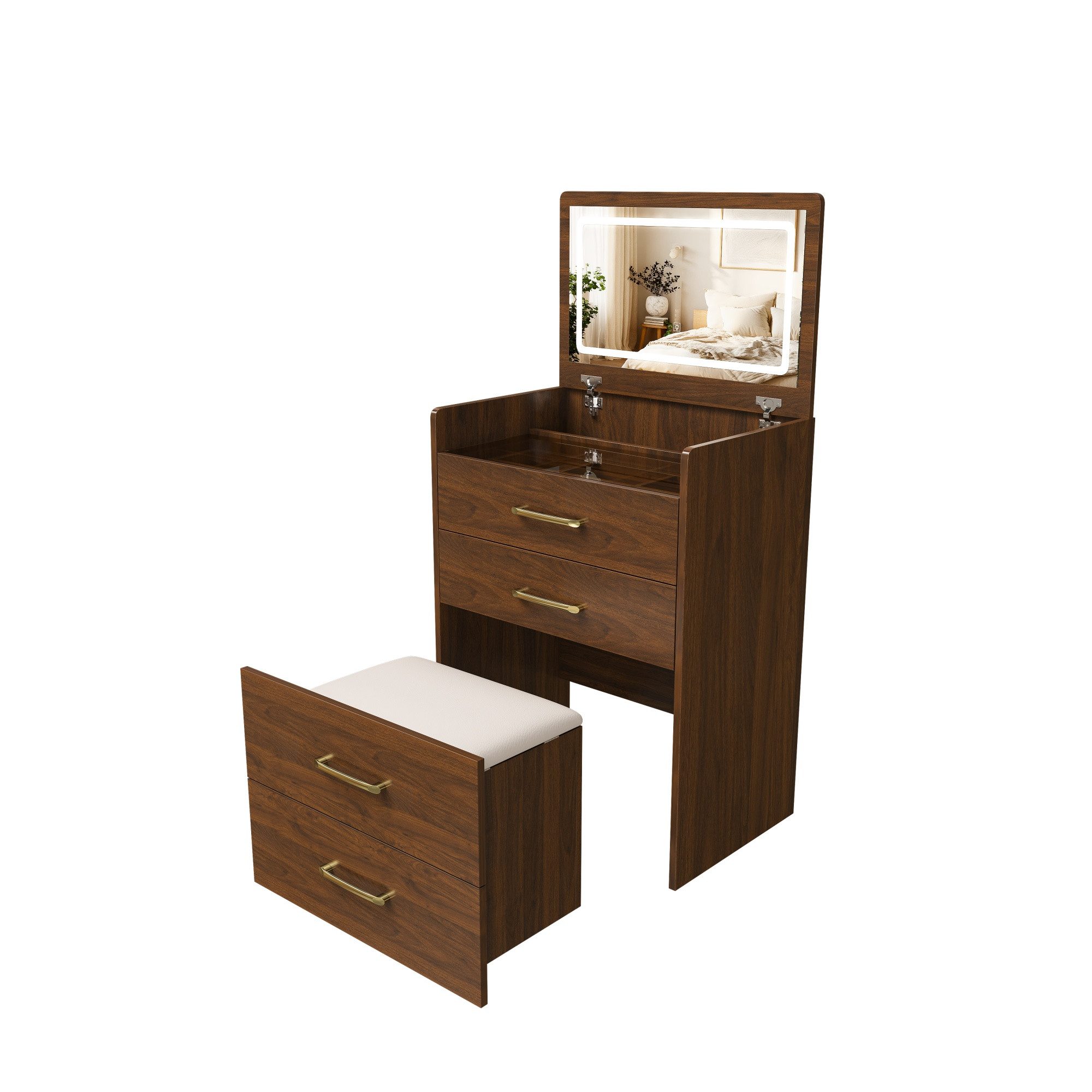 BBWL Schminktisch Kompakter 3-in-1 Schminktisch mit Glasplatte, Aufklappbarem Spiegel (3 Schubladen & Bequemem Hocker für Schlafzimmer, Weiß), B60/H118/T40 cm – Bild 2 von 5