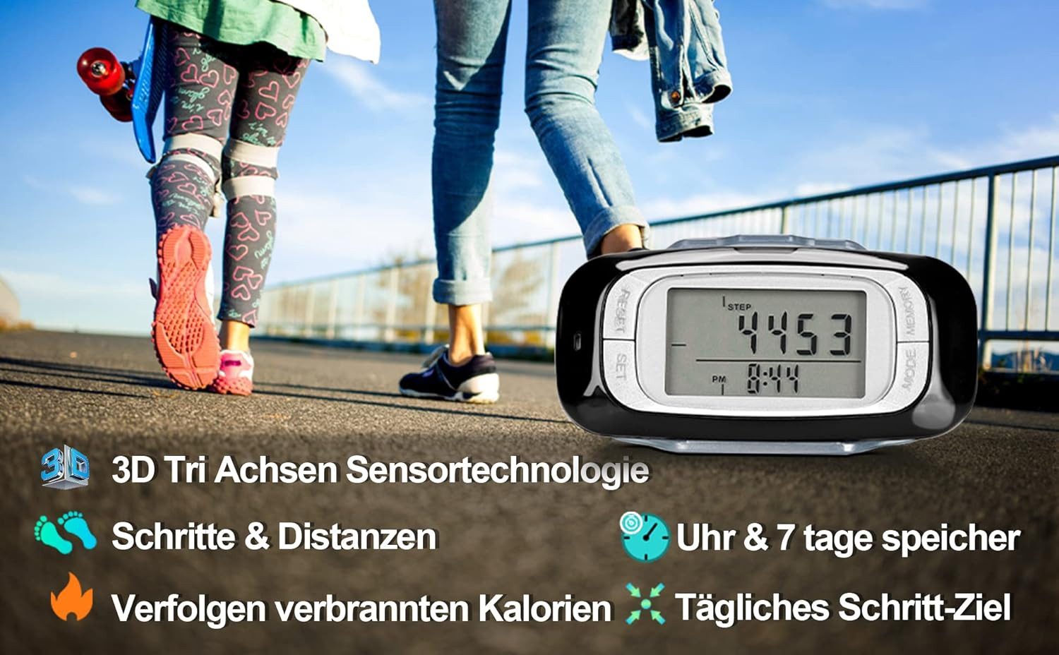 Coonoor Schrittzähler 3D-Sensor Multifunktionaler Schrittzähler, Einfacher Fitness Tracker (1-tlg), Zähler für Schritte, Distanz und Kalorien, Kein Bluetooth/App/Handy