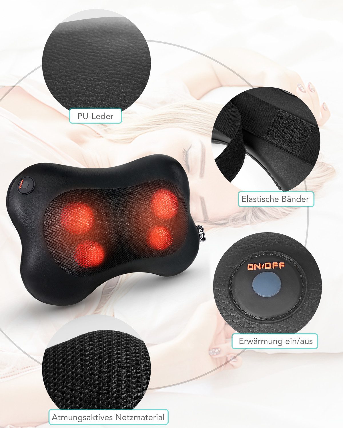 NAIPO Massagekissen, Shiatsu Massagegerät mit Wärmefunktion Flauschiger Hülle