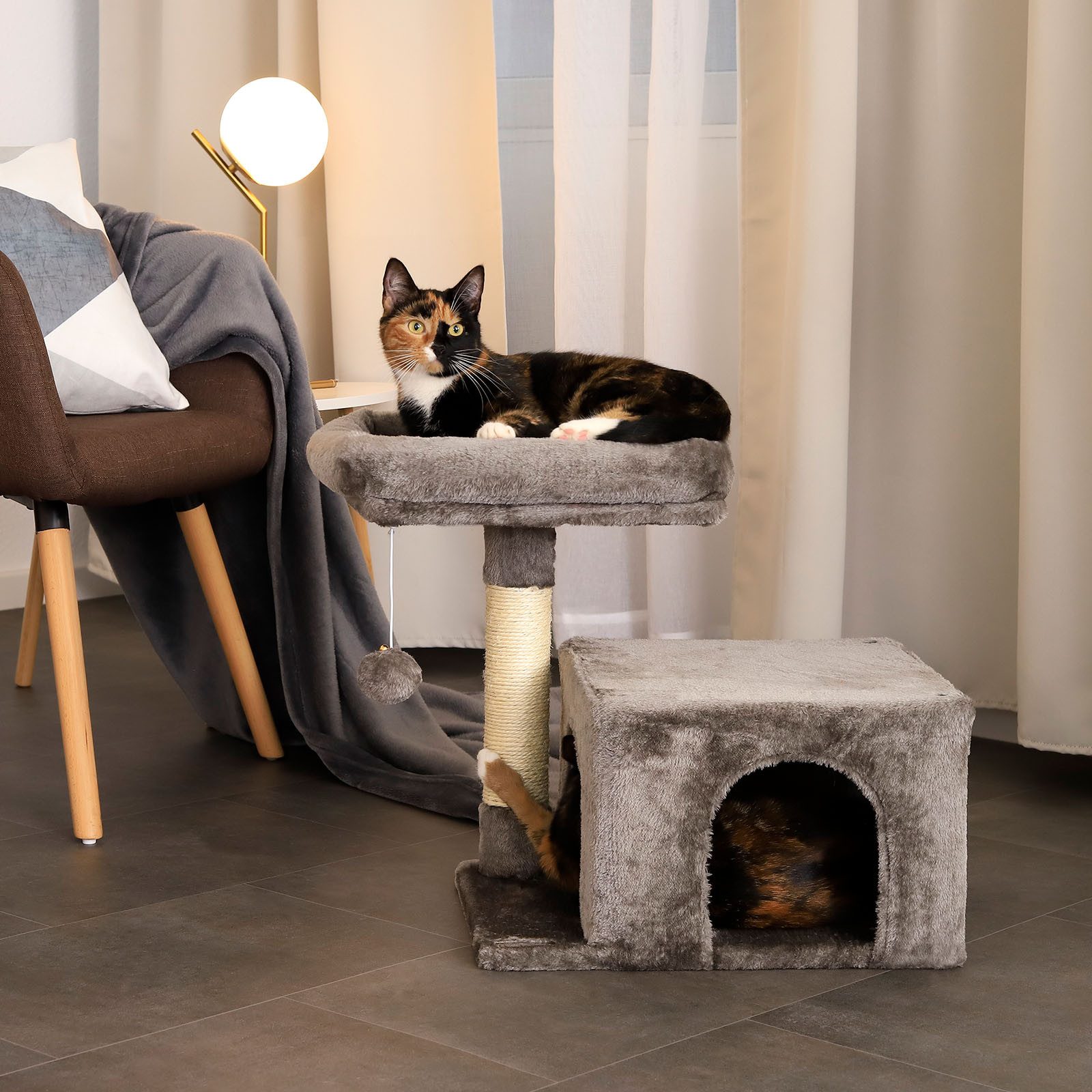 lionto Kratzbaum platzsparend 50 cm, für Kitten & Jungtiere, dunkelgrau, Katzenkratzbaum mit Plüschbezug, Spielball & Sisalstange