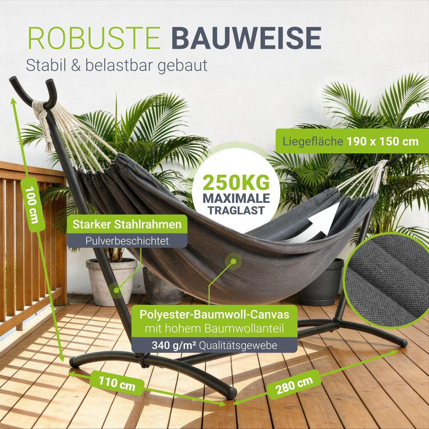 Juskys Hängematte Paya, für 2 Personen, mit Gestell und Tragetaschen, Indoor & Outdoor