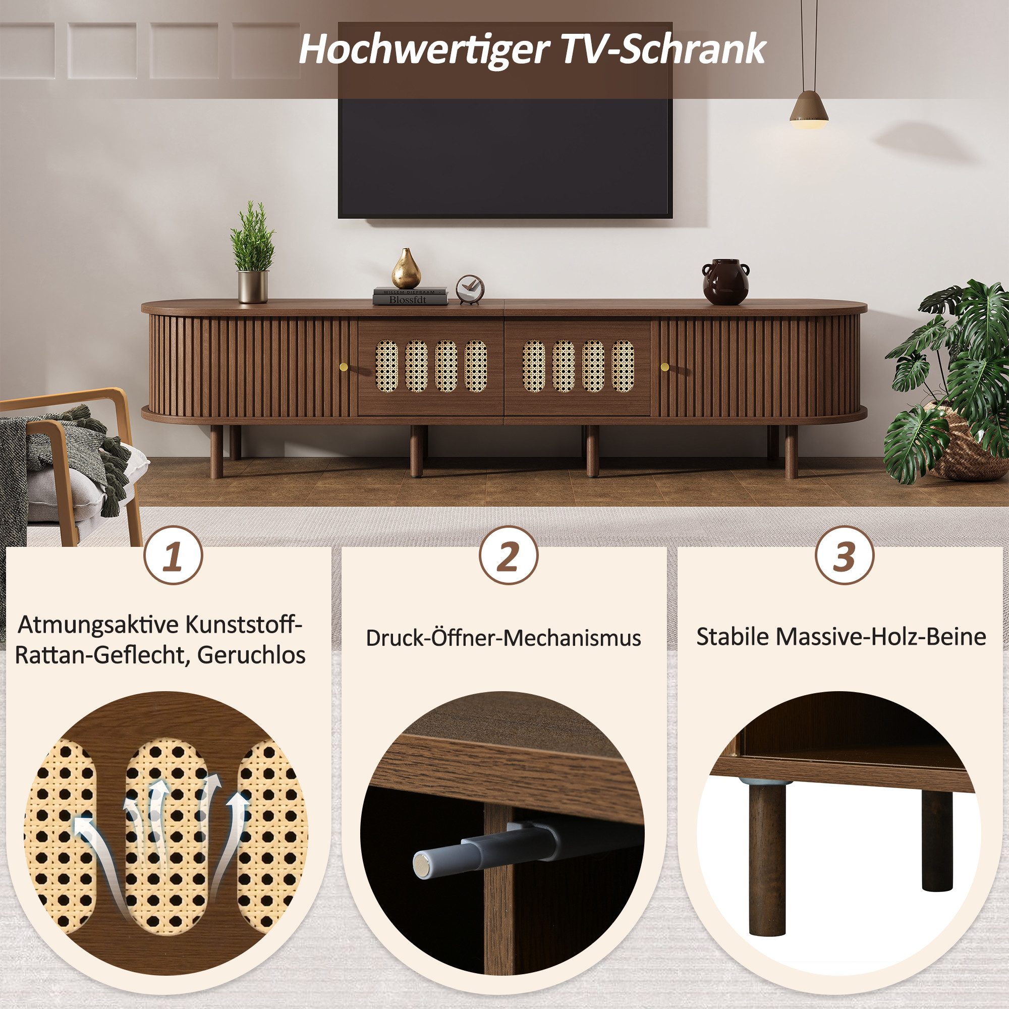 Merax Lowboard TV-Ständer mit Rattan-Design, (180×40×40cm, 1 St., Perfekt für Fernseher bis 80 Zoll), TV-Schrank mit 2 Rattan-Schubladen, 2 Rollladentüren und S – Bild 4 von 5