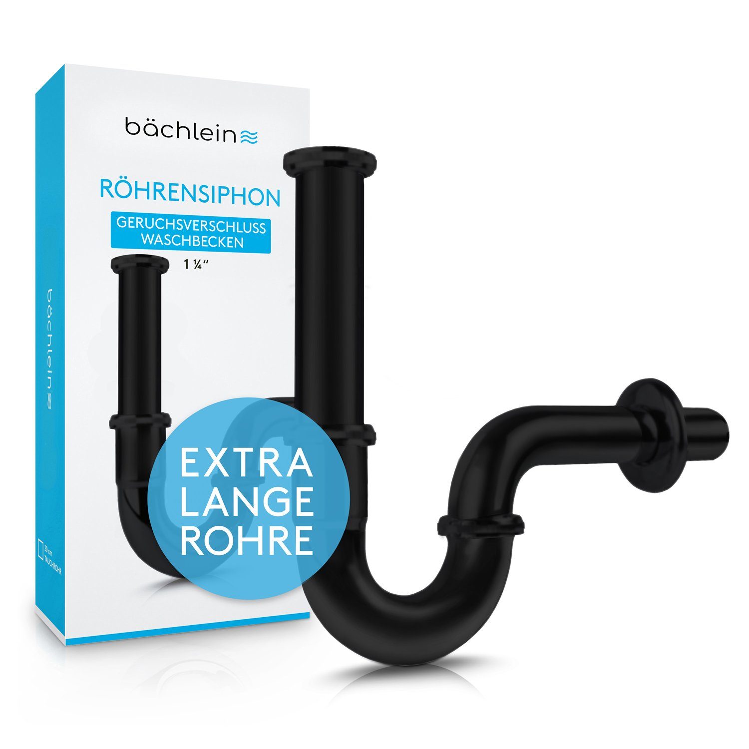 Bächlein Siphon Universaler Röhrensiphon, (flexibler Waschbeckenablauf, Matt Schwarz), Einfache Montage - Hochwertiger Chrom-Ablauf