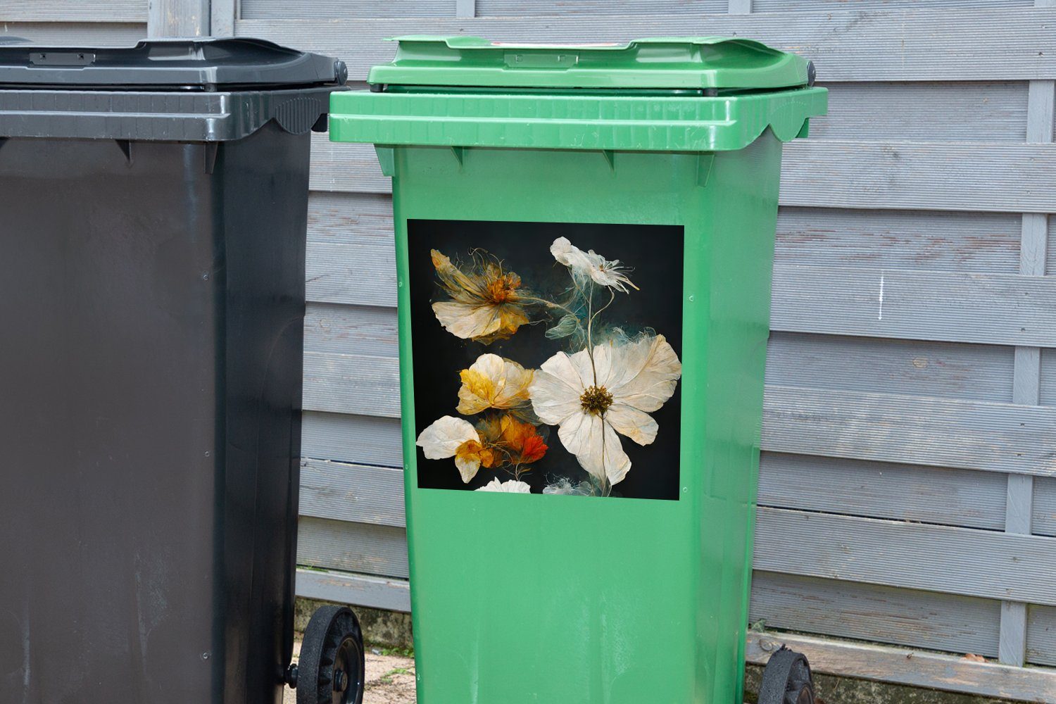 MuchoWow Abfalbehälter - Pflanzen Weiß Container, (1 Mülltonne, - Wandsticker St), - Schwarz Sticker, Blumen Mülleimer-aufkleber,